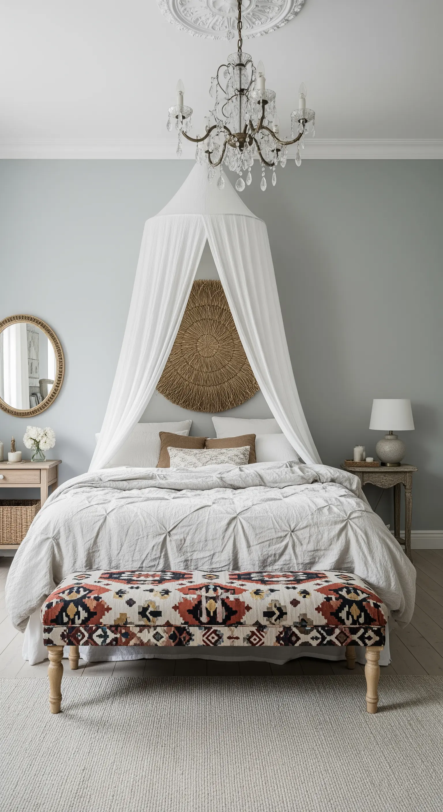 Schlafzimmer mit Stoffbaldachin, Kristall-Kronleuchter und geflochtenem Wand-Objekt hinter dem Bett.