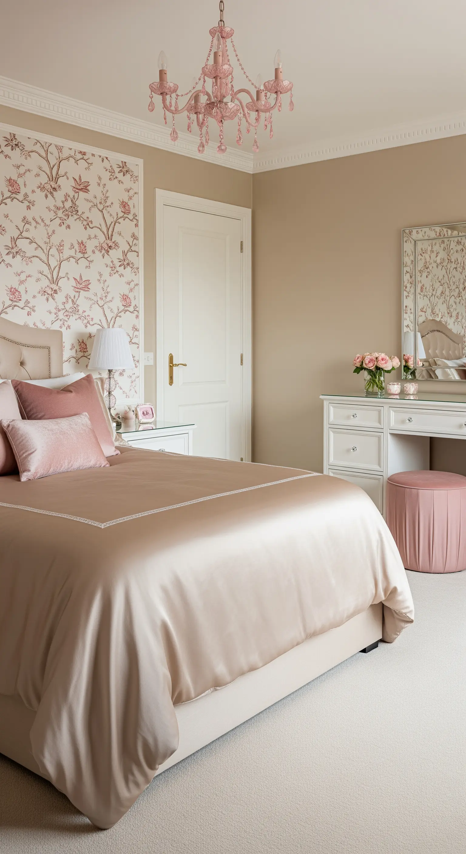 Romantisches Schlafzimmer mit Chinoiserie-Tapete und Akzenten in Rosa und Satin.