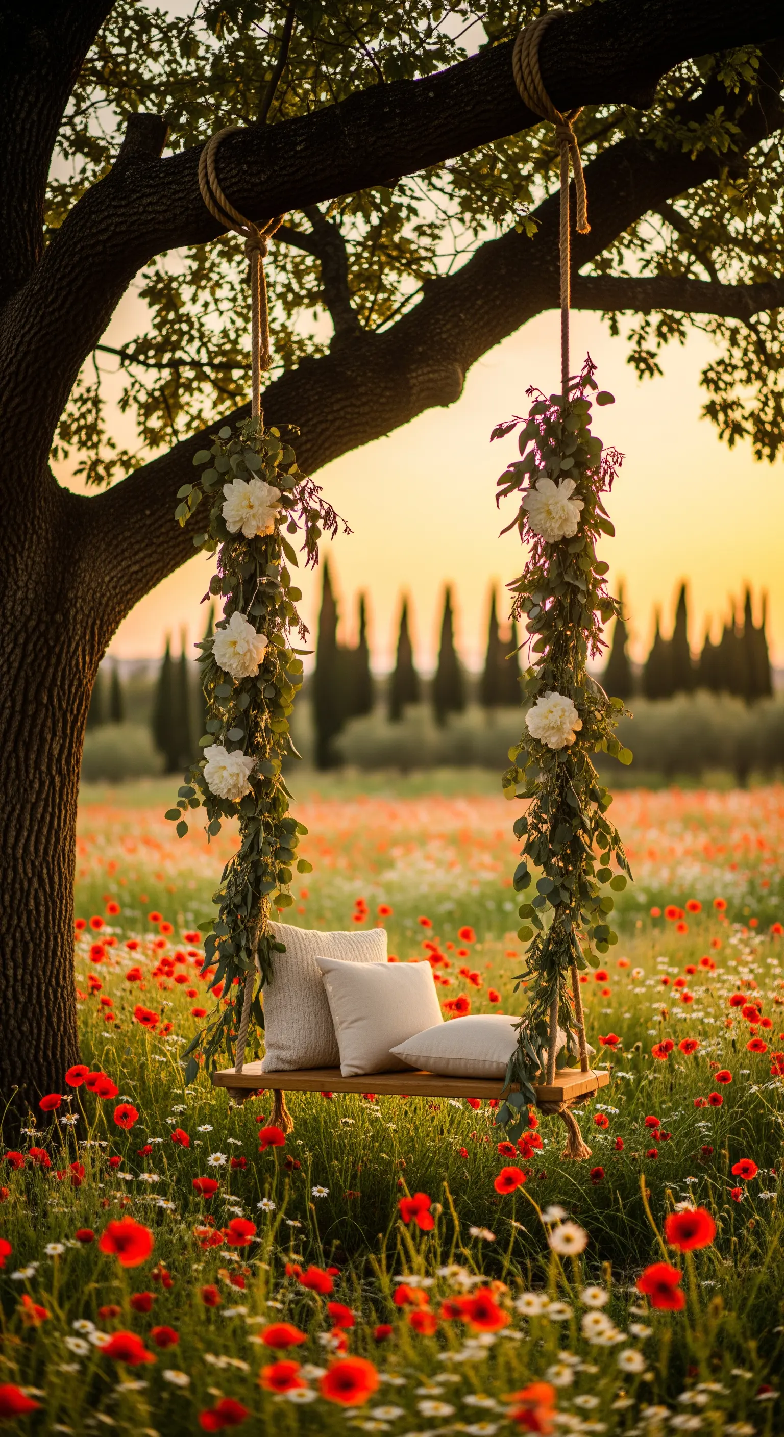 Blumengeschmückte Baumschaukel in einem Feld voller roter Mohnblumen