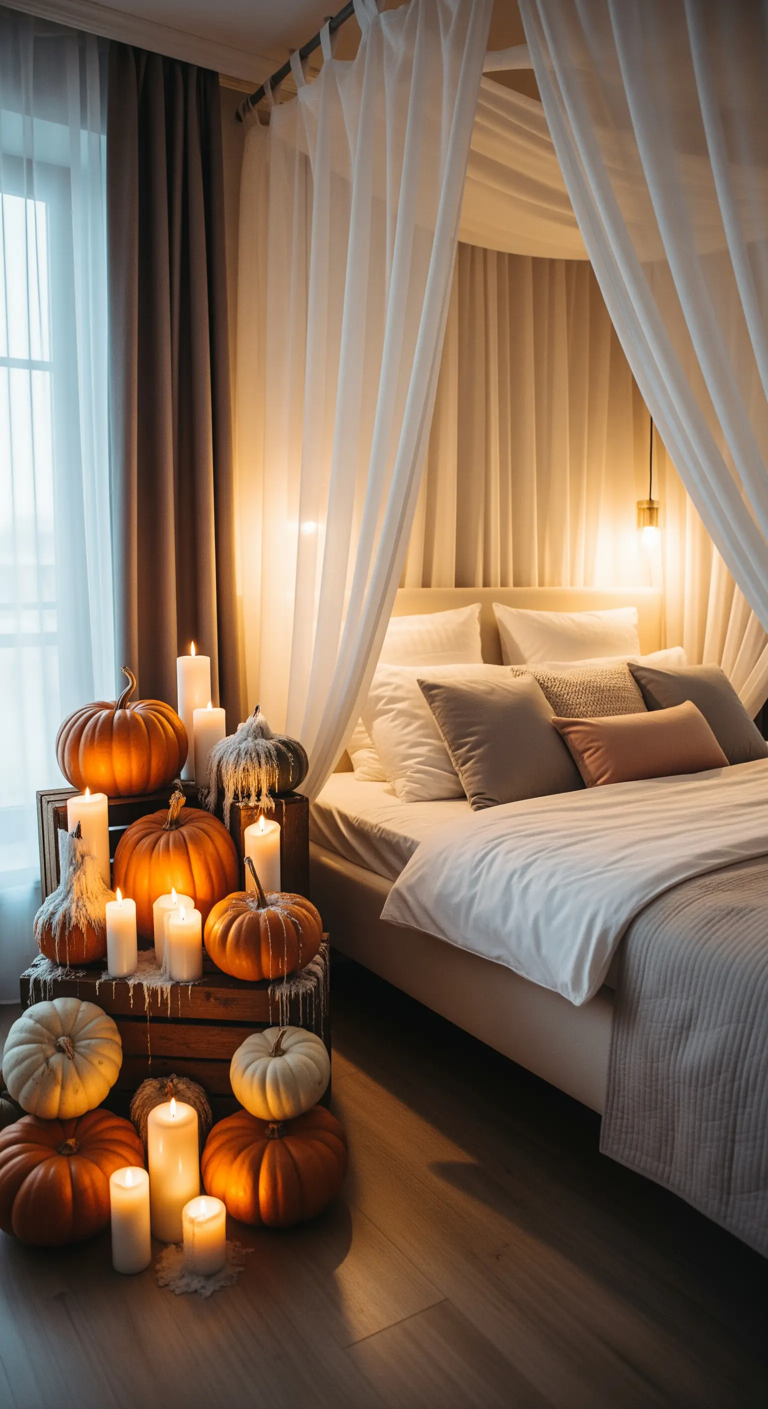 Betthimmel-Schlafzimmer mit Kerzen und Kürbissen auf Holzkisten als Deko