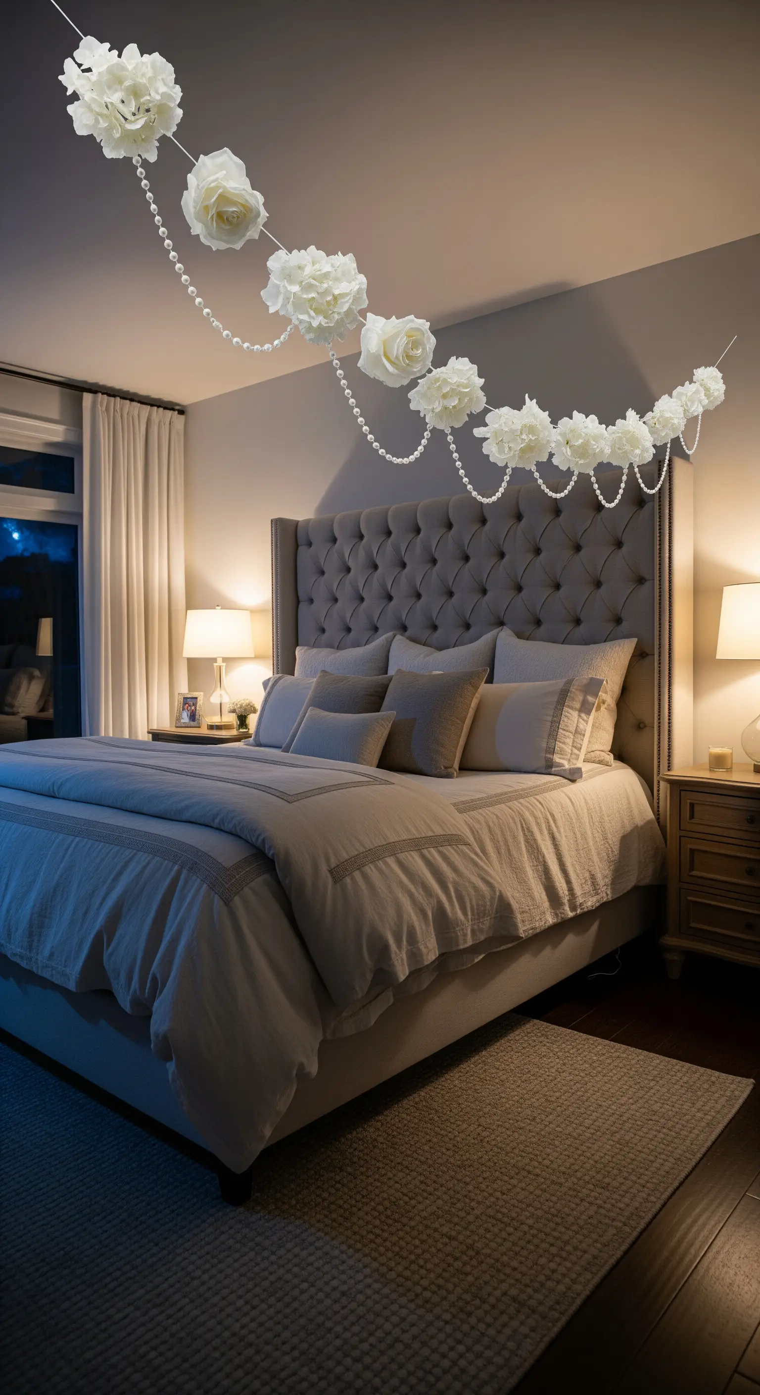 Schlafzimmer mit romantischer Girlande aus weißen Blüten und Perlen über dem Bett