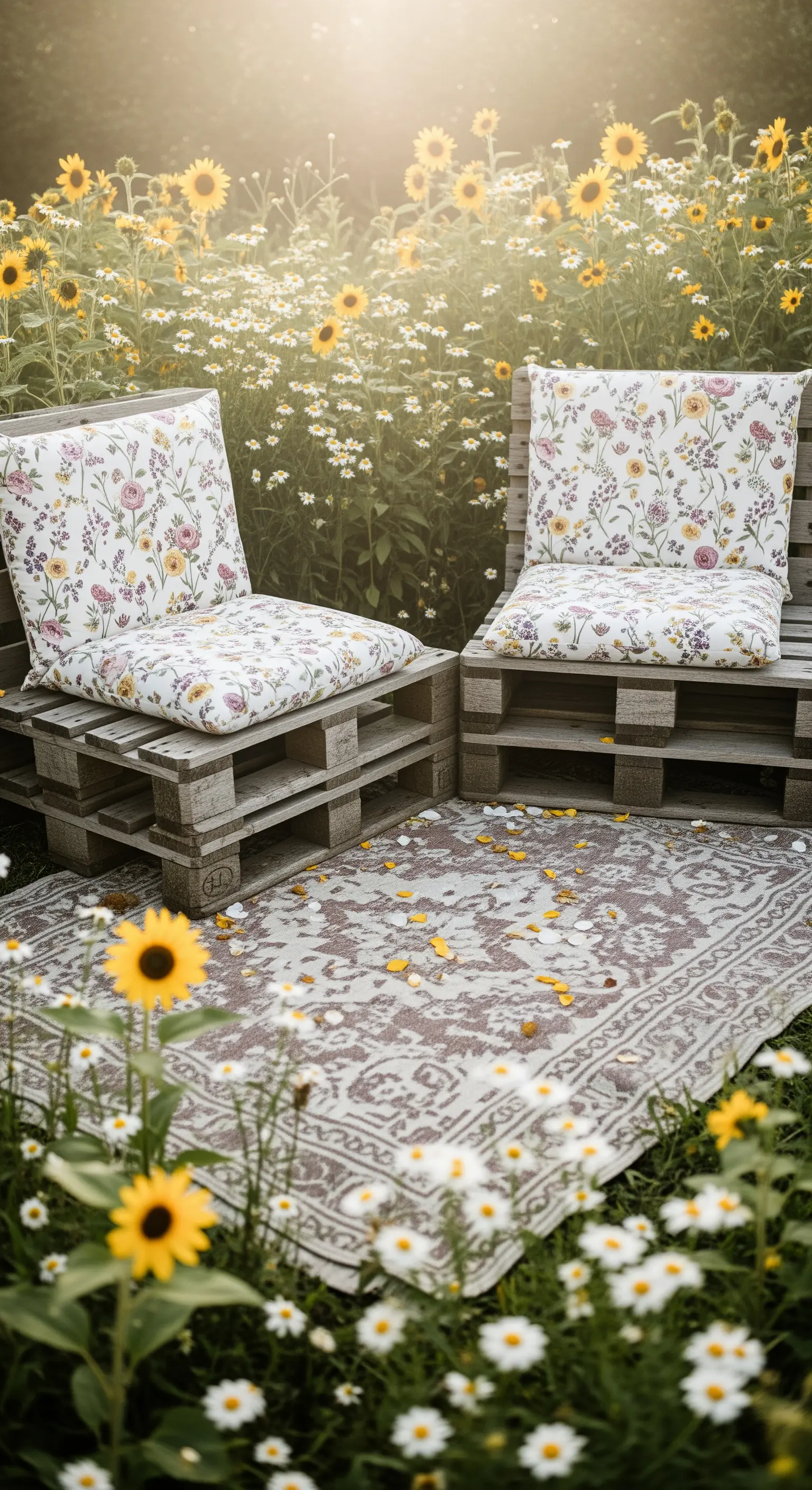 Rustikale Palettenstühle mit floralen Kissen und gemustertem Teppich in einer Blumenwiese.