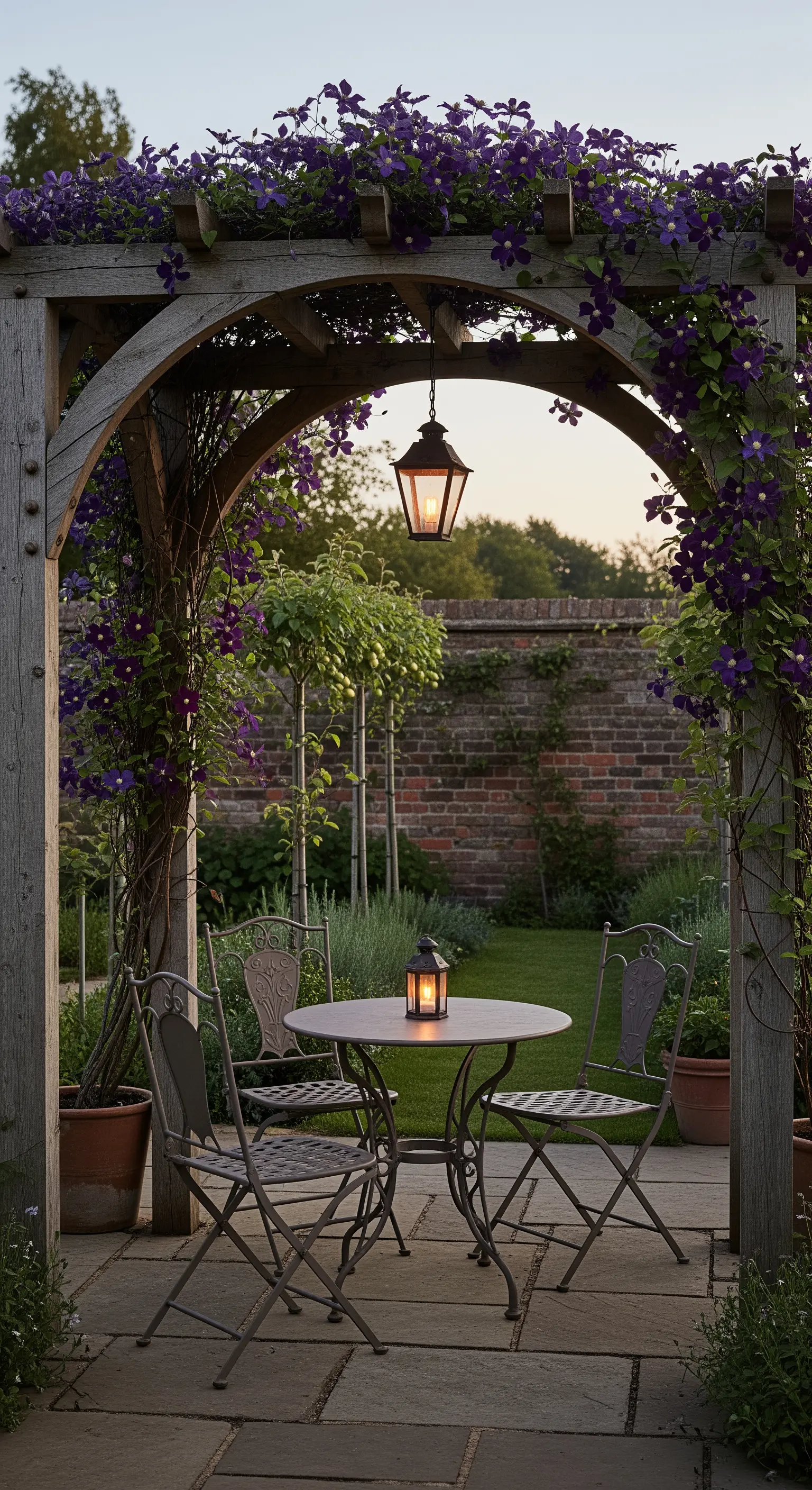 Clematis-Pergola, Laternen, Gartentisch, intime Abendstimmung