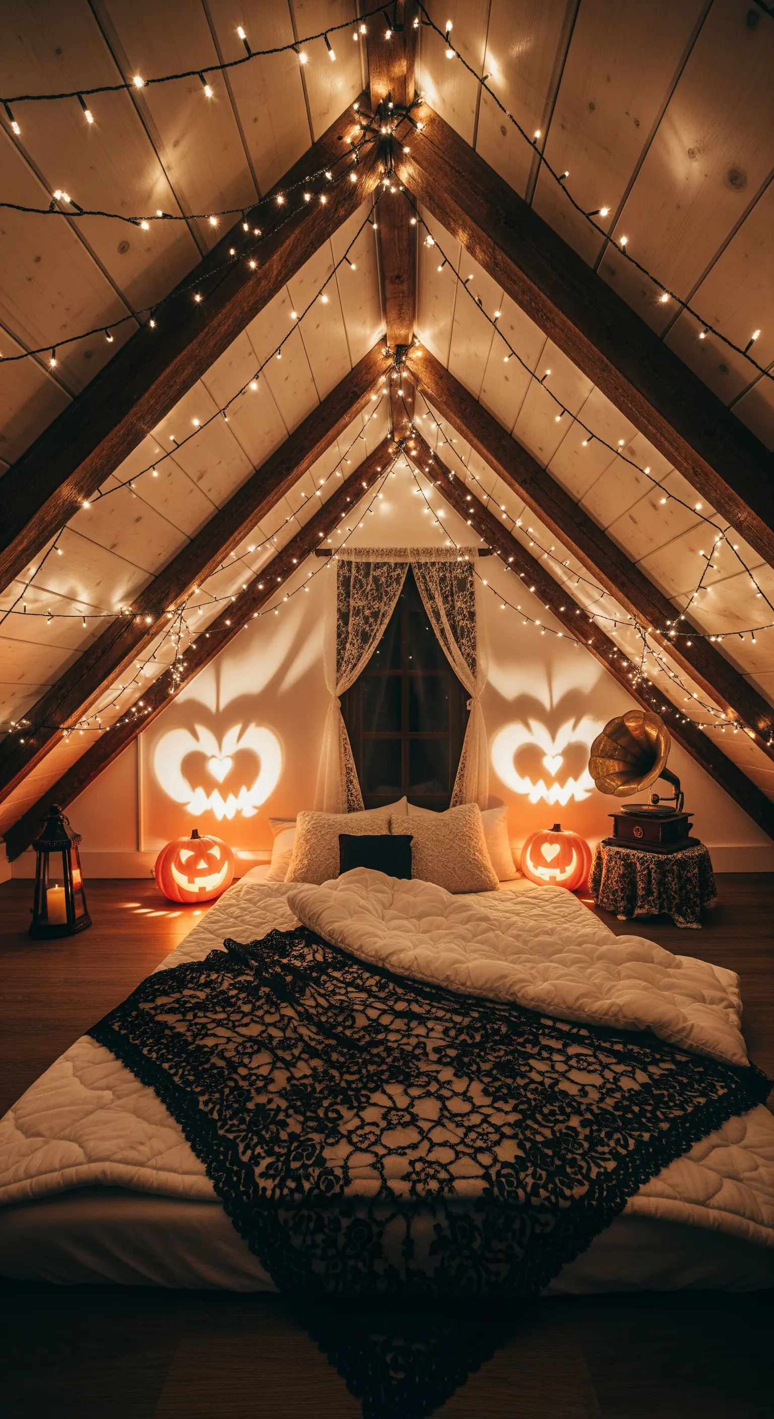 Dachzimmer-Schlafzimmer mit Lichterketten, Bodenbett, Spitzendecke und herzförmig leuchtenden Kürbissen.