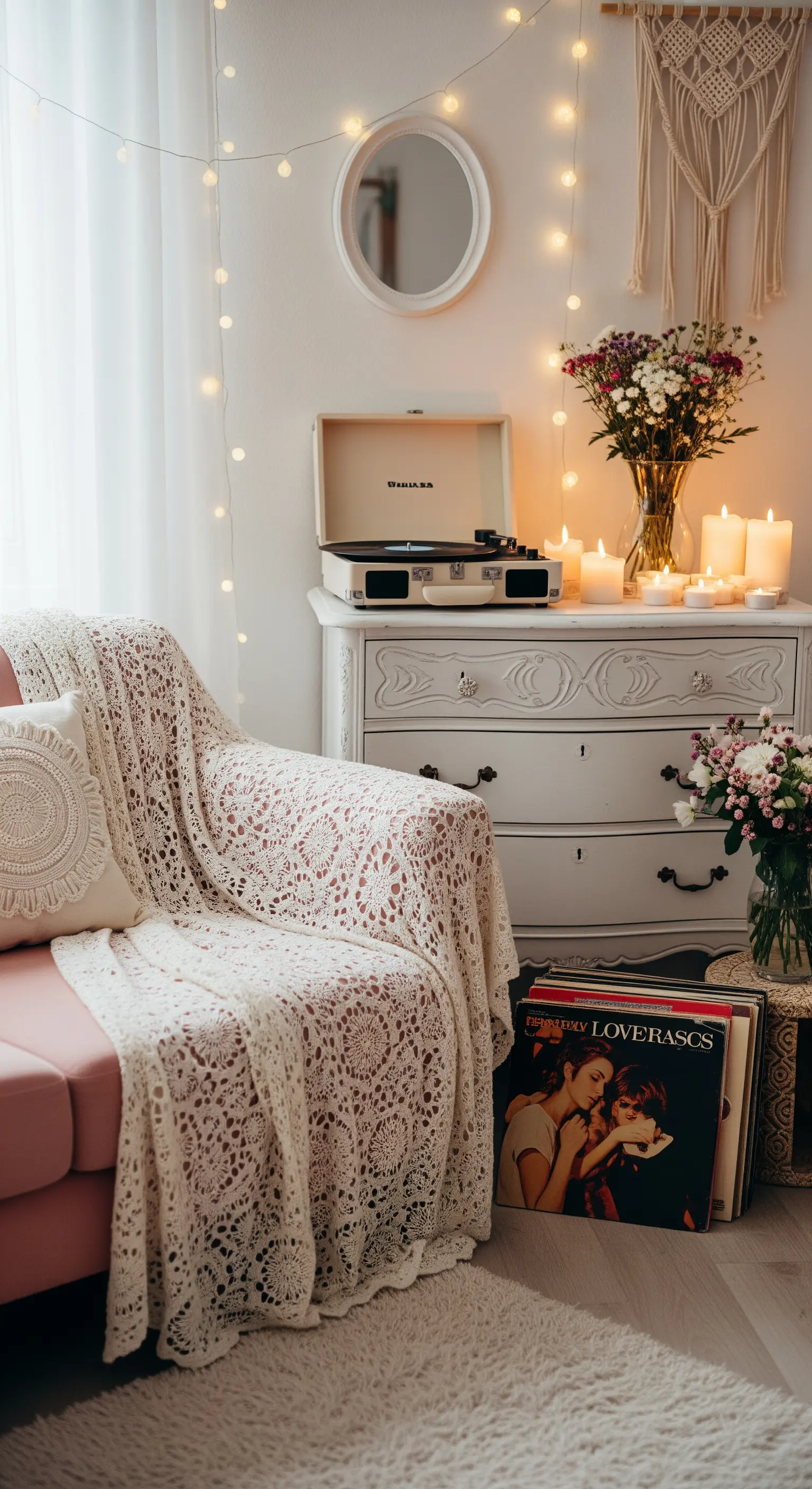 Romantische Ecke mit weißem Kofferplattenspieler, Kerzen und Blumen auf einer Kommode