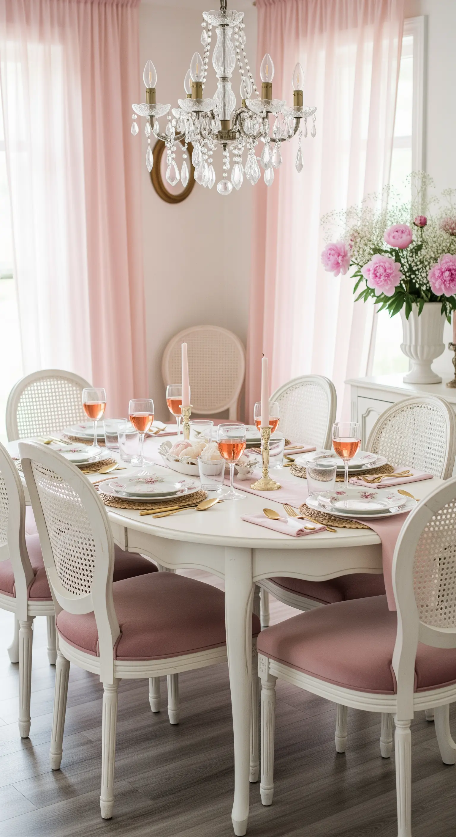 Romantisches Esszimmer in Weiß und Rosa mit Kristall-Kronleuchter.