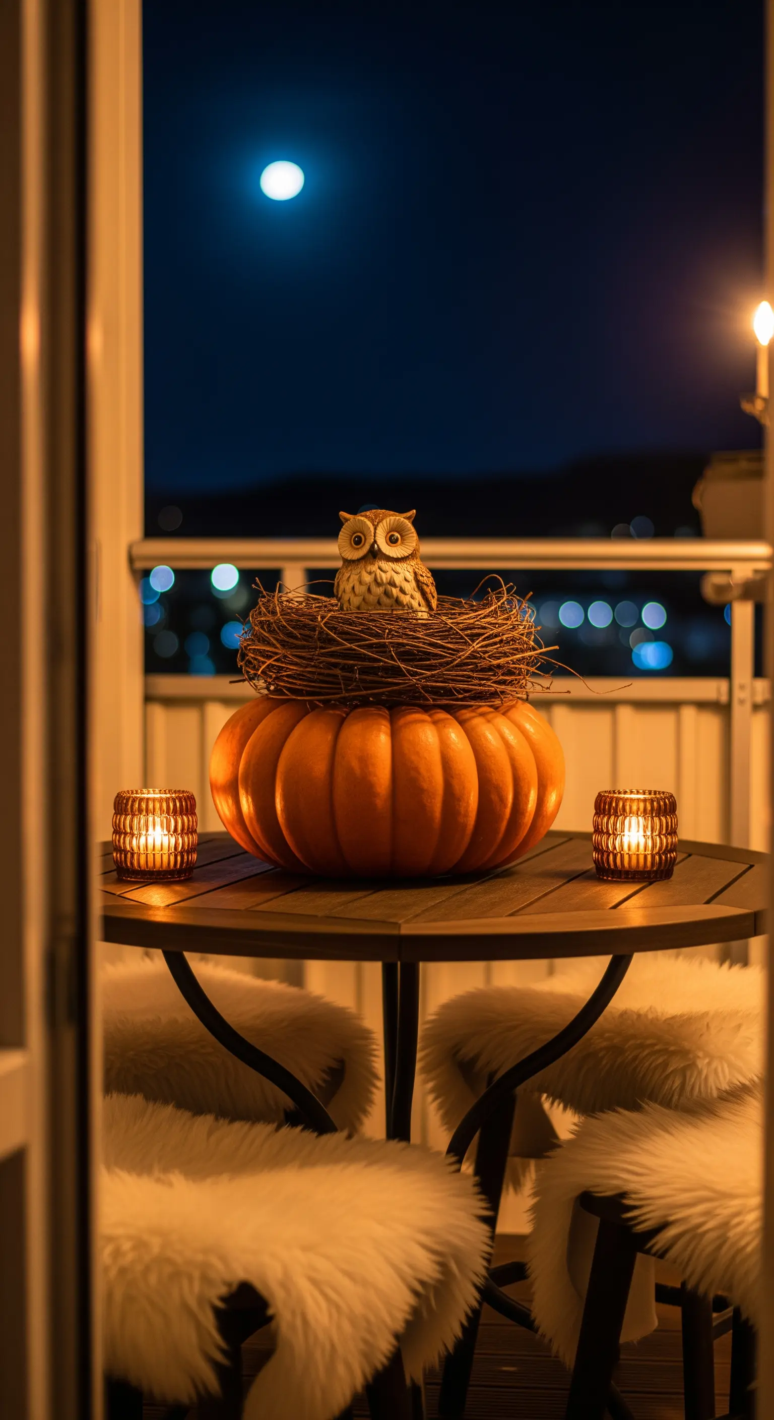Tisch mit Kürbis, Eule im Nest, Kerzengläsern und flauschigen Stuhlfellen
