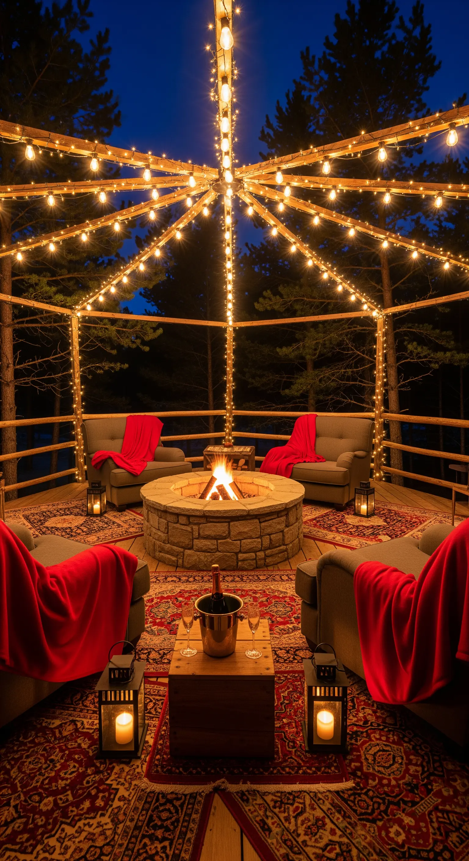 Gemütliche Feuerstelle mit Lichterketten und roten Decken im Wald.