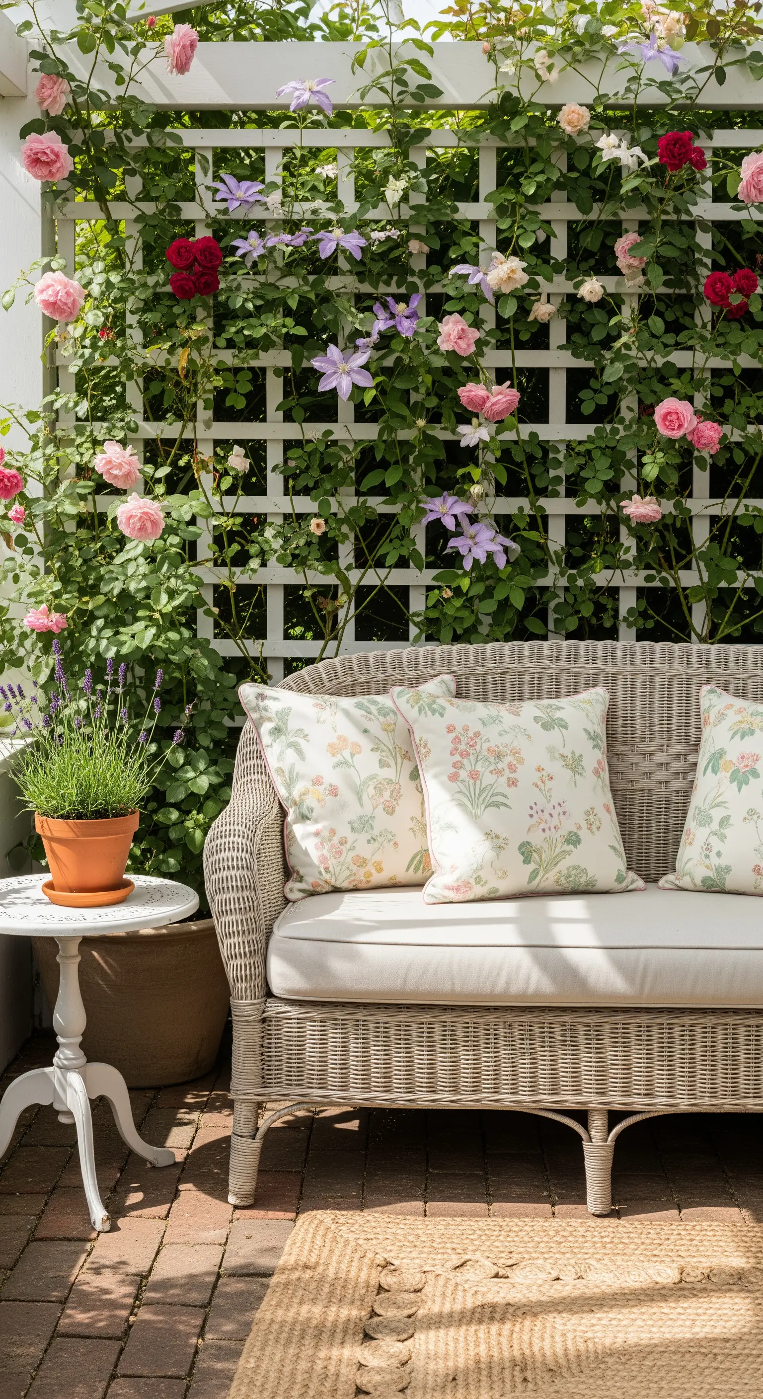Garten-Veranda mit Kletterrosen, Korbmöbeln und floralen Kissen
