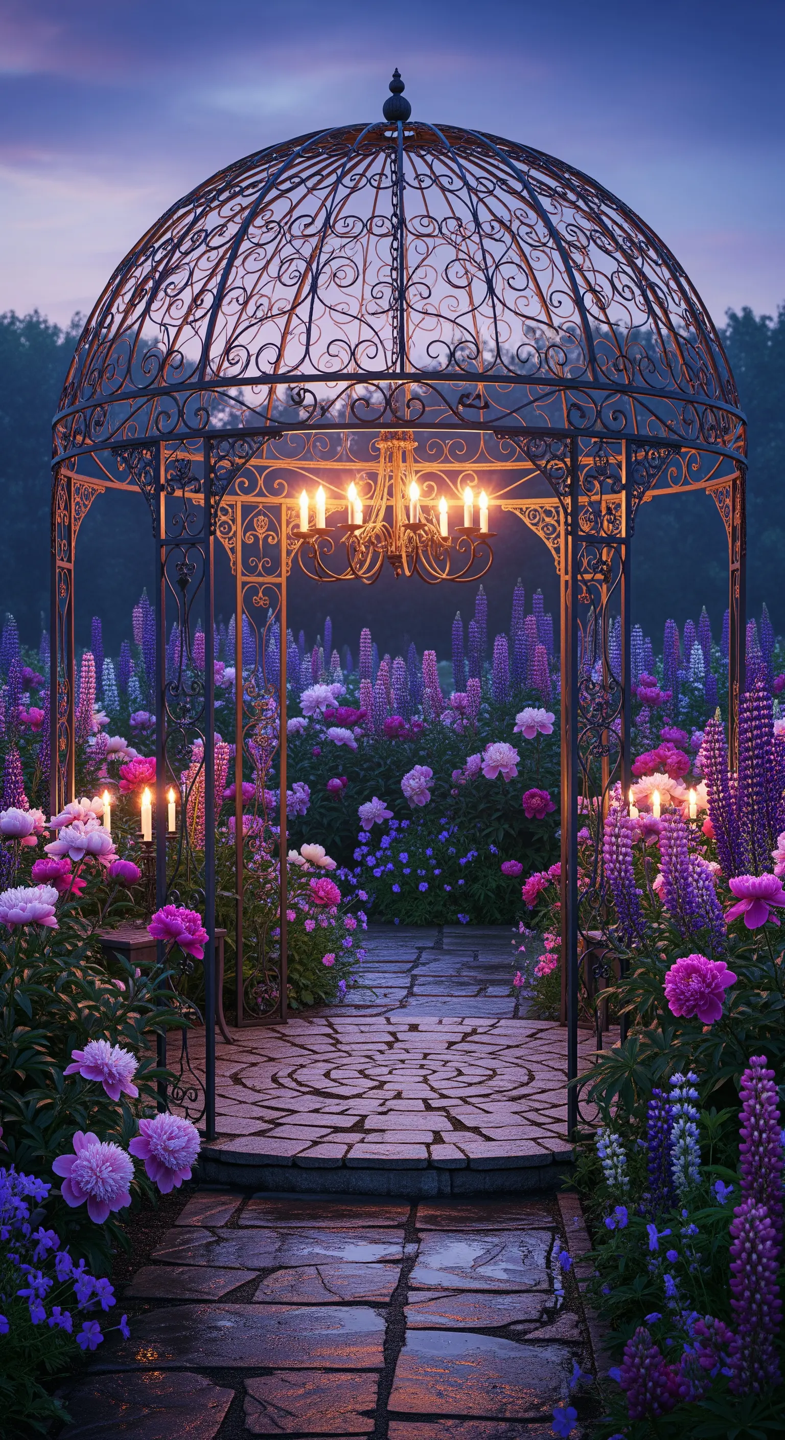 Metall-Gartenlaube mit Kronleuchter, umgeben von lila und pinken Lupinen im Abendlicht