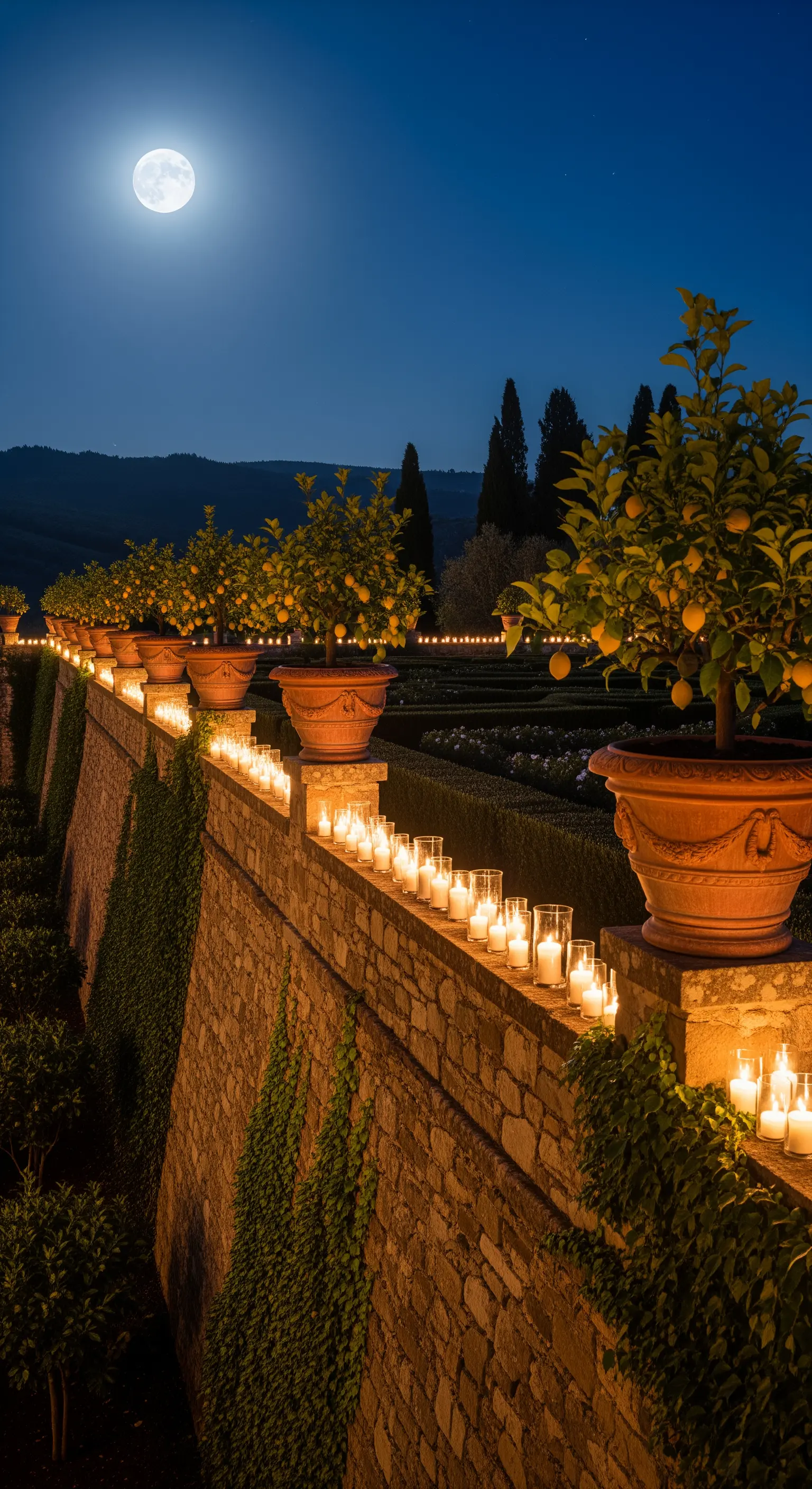 Gartenmauer mit Kerzen in Glaszylindern und Zitronenbäumen unter Vollmond