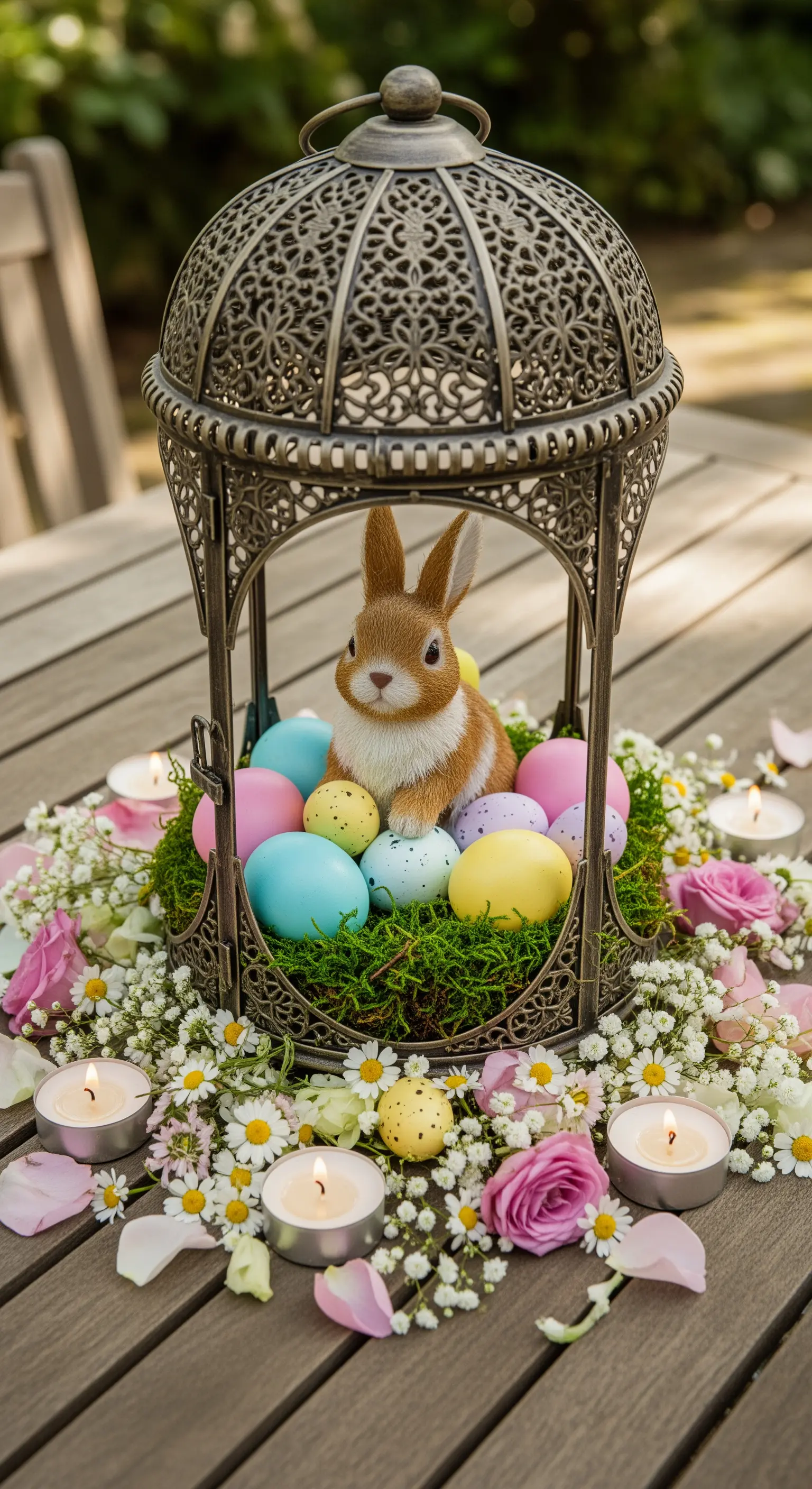 Gartentisch mit großer Laterne, Hasenfigur, Ostereiern, Moos und Teelichtern.