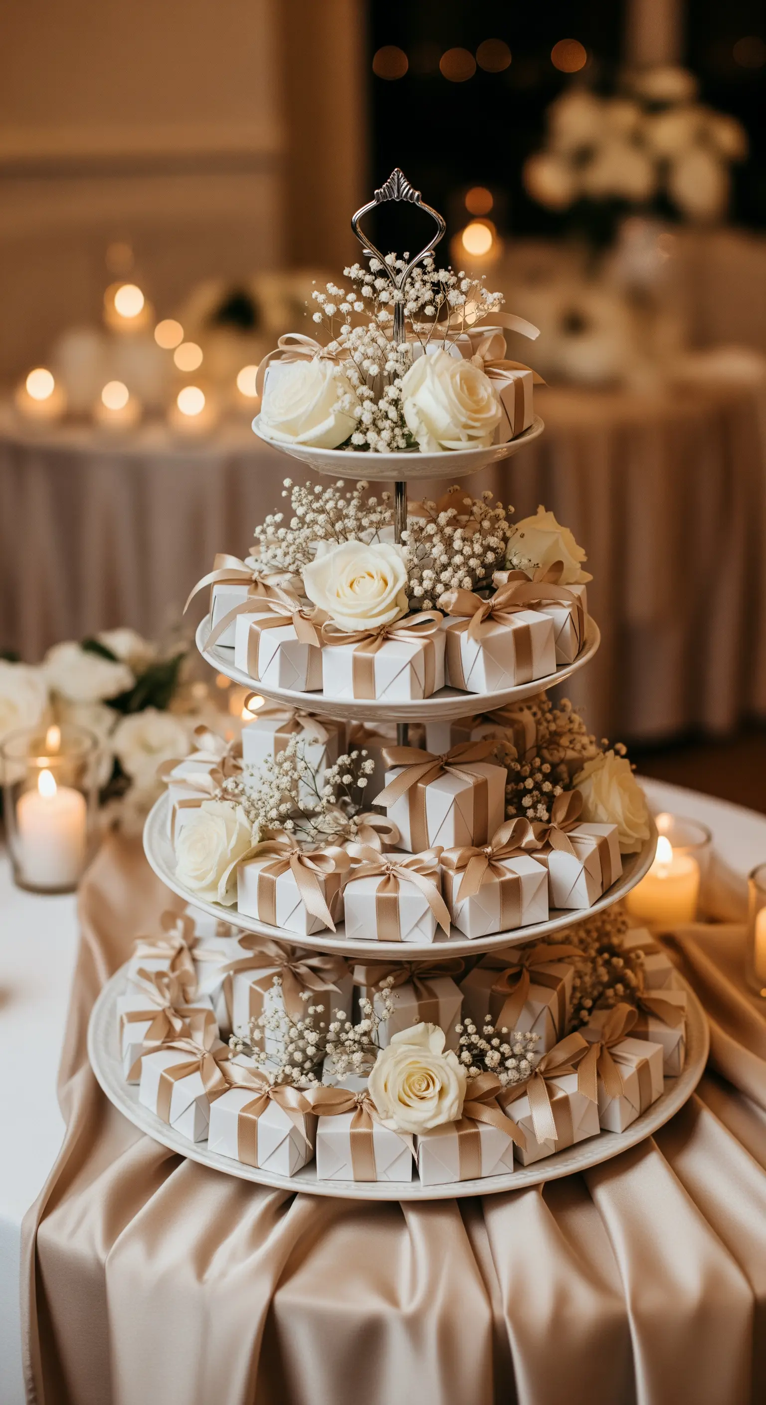 Vierstöckige Hochzeitsetagere, dekoriert mit kleinen Gastgeschenken, weißen Rosen und Schleierkraut.