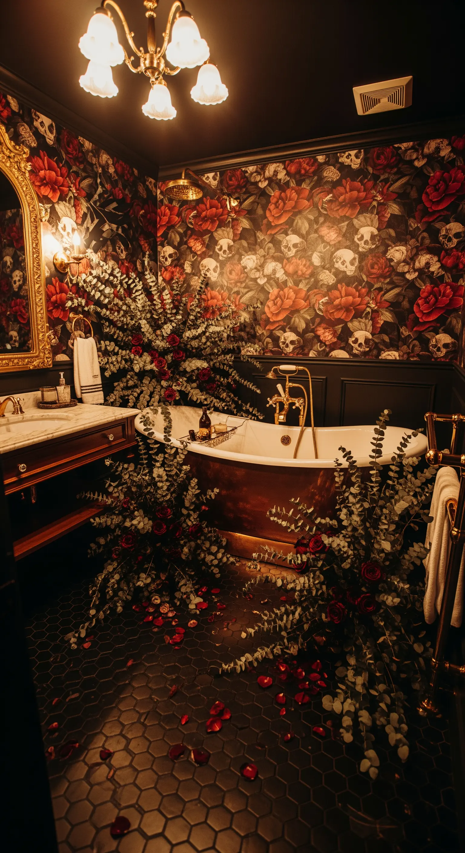 Badezimmer mit dunkler Rosentapete, Rosen- und Eukalyptusarrangement um die Wanne