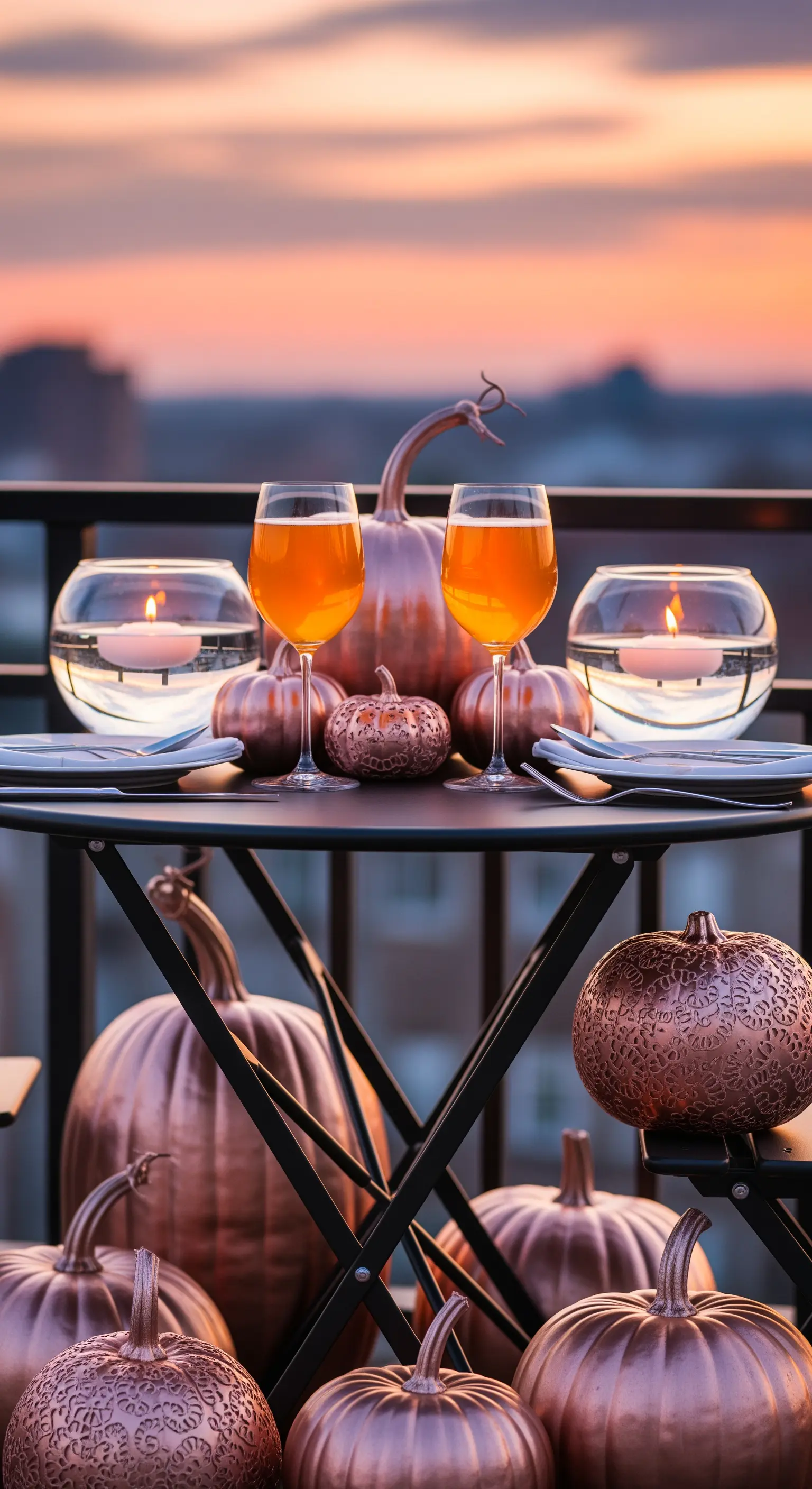 Balkon Date-Night mit kupferfarbenen Kürbissen, Schwimmkerzen, Sonnenuntergang