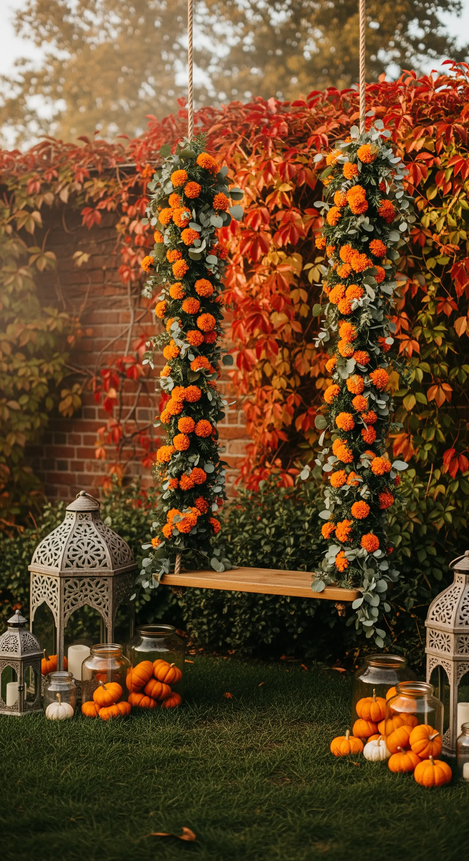 Herbstliche Blumenschaukel mit Laternen und Mini-Kürbissen im Garten
