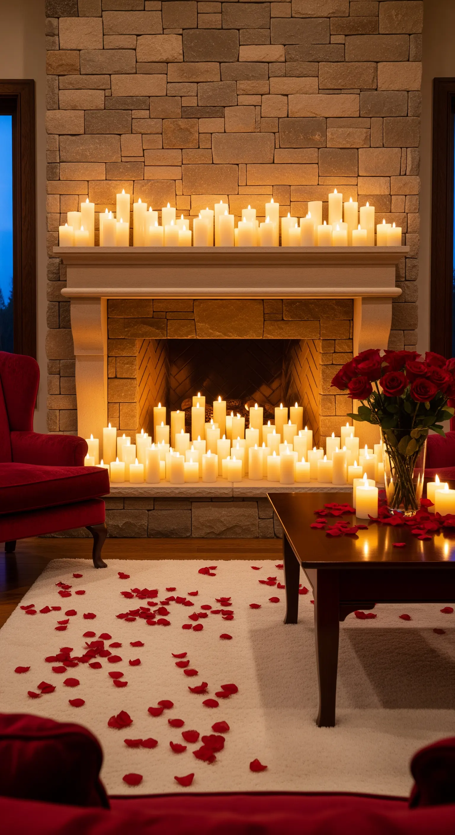Kamin mit Kerzenmeer, Rosenblättern und roten Samtmöbeln