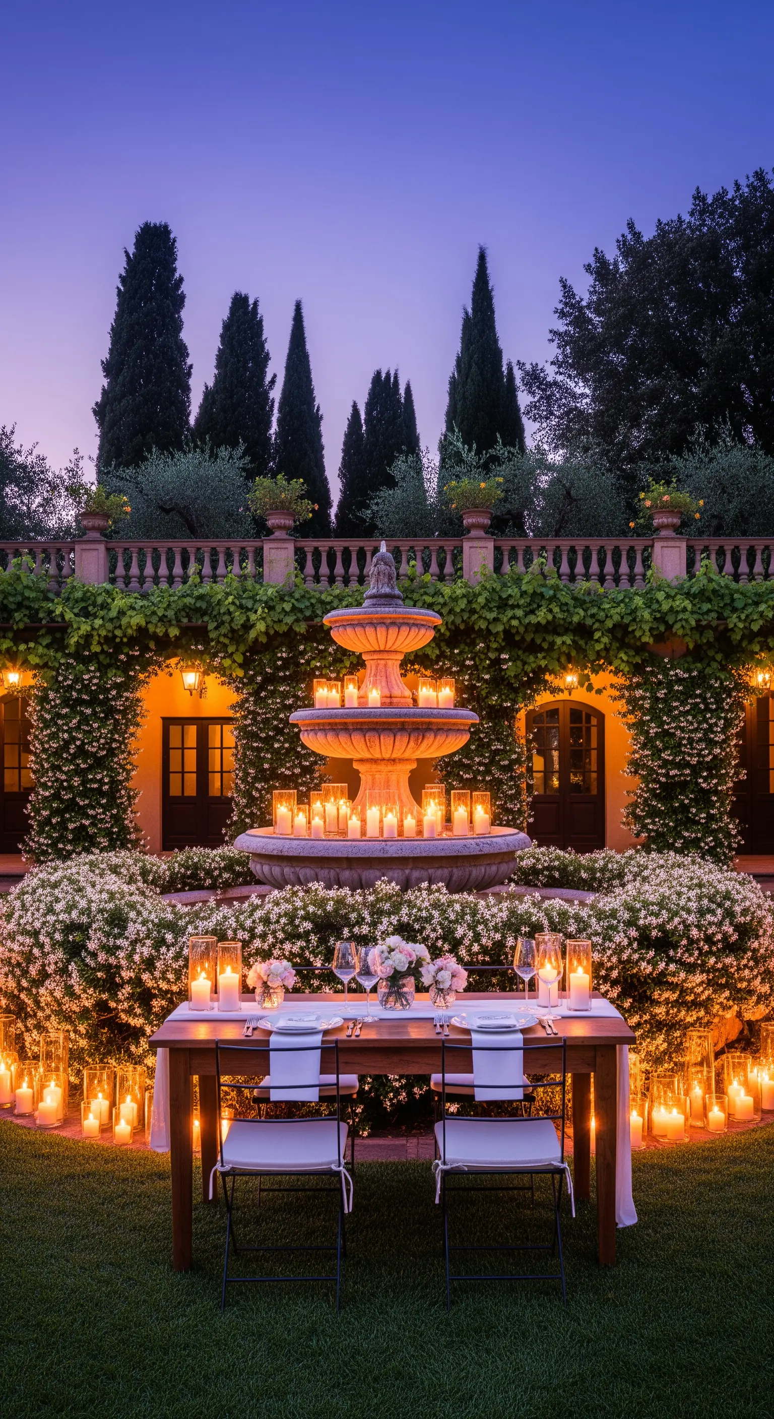 Terrassenbrunnen mit vielen warmweißen LED-Kerzen und romantischer Tafel