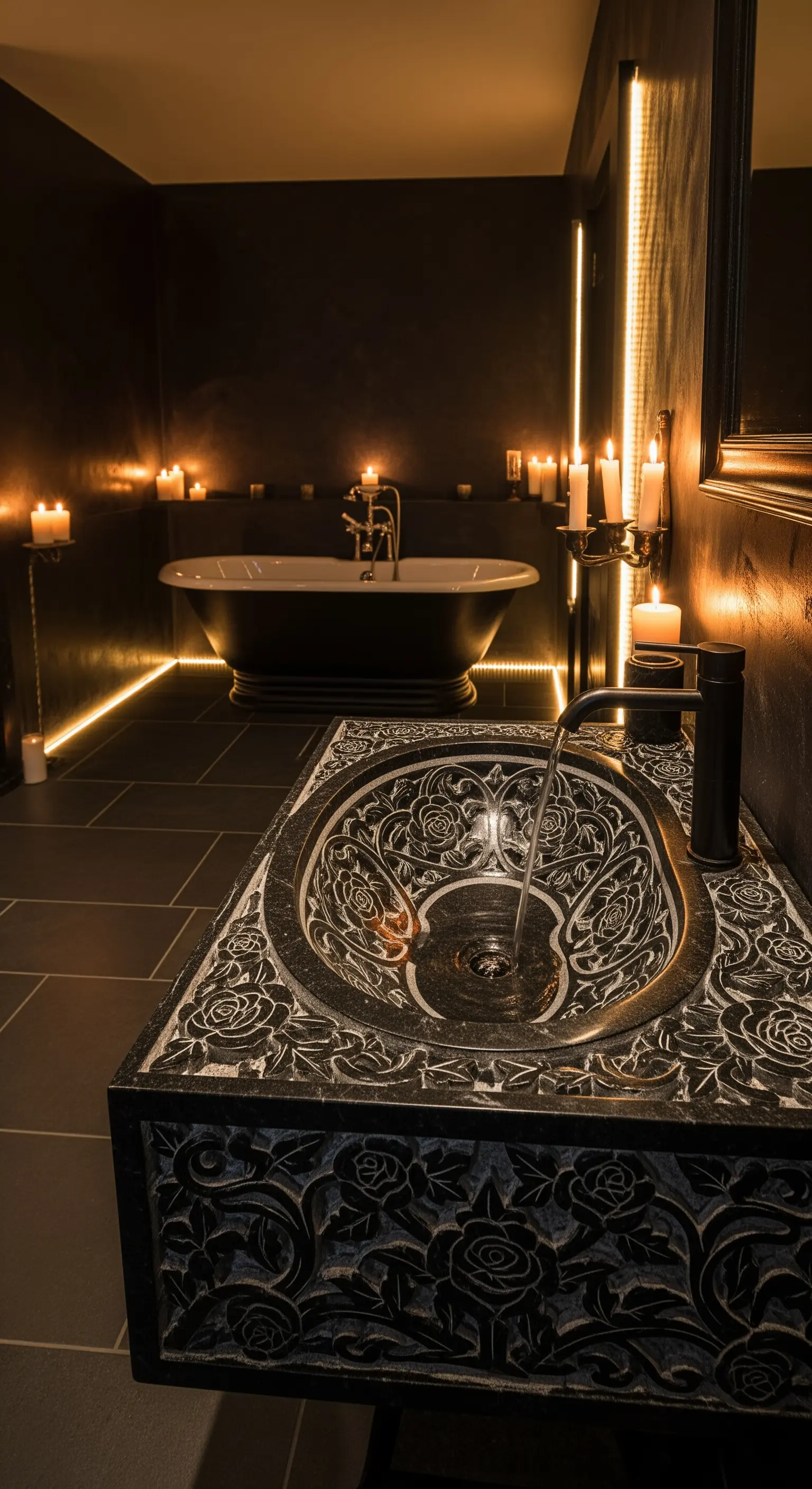 Badezimmer mit geschnitztem Steinwaschbecken, Badewanne, zahlreichen Kerzen