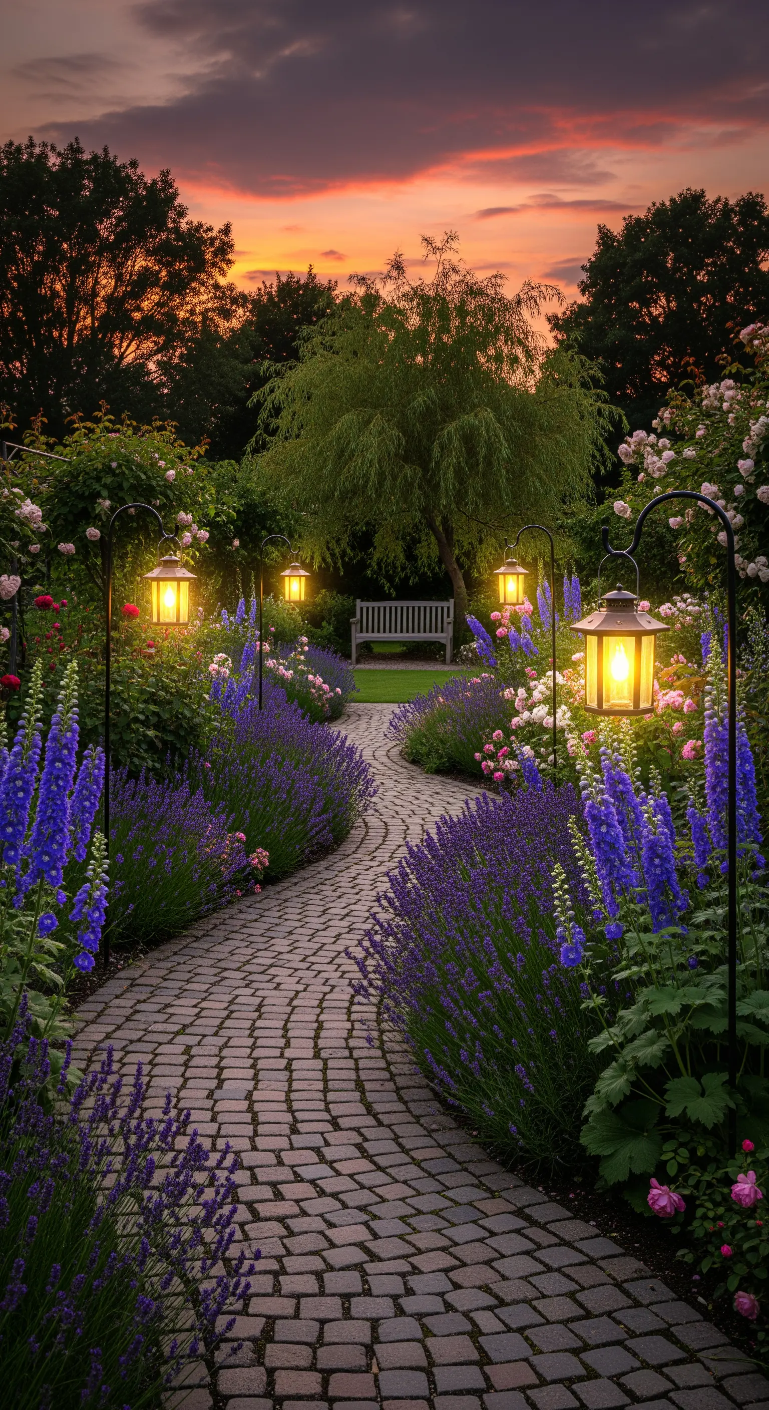 Klassische Laternen entlang eines geschwungenen Lavendelpfads im Garten.