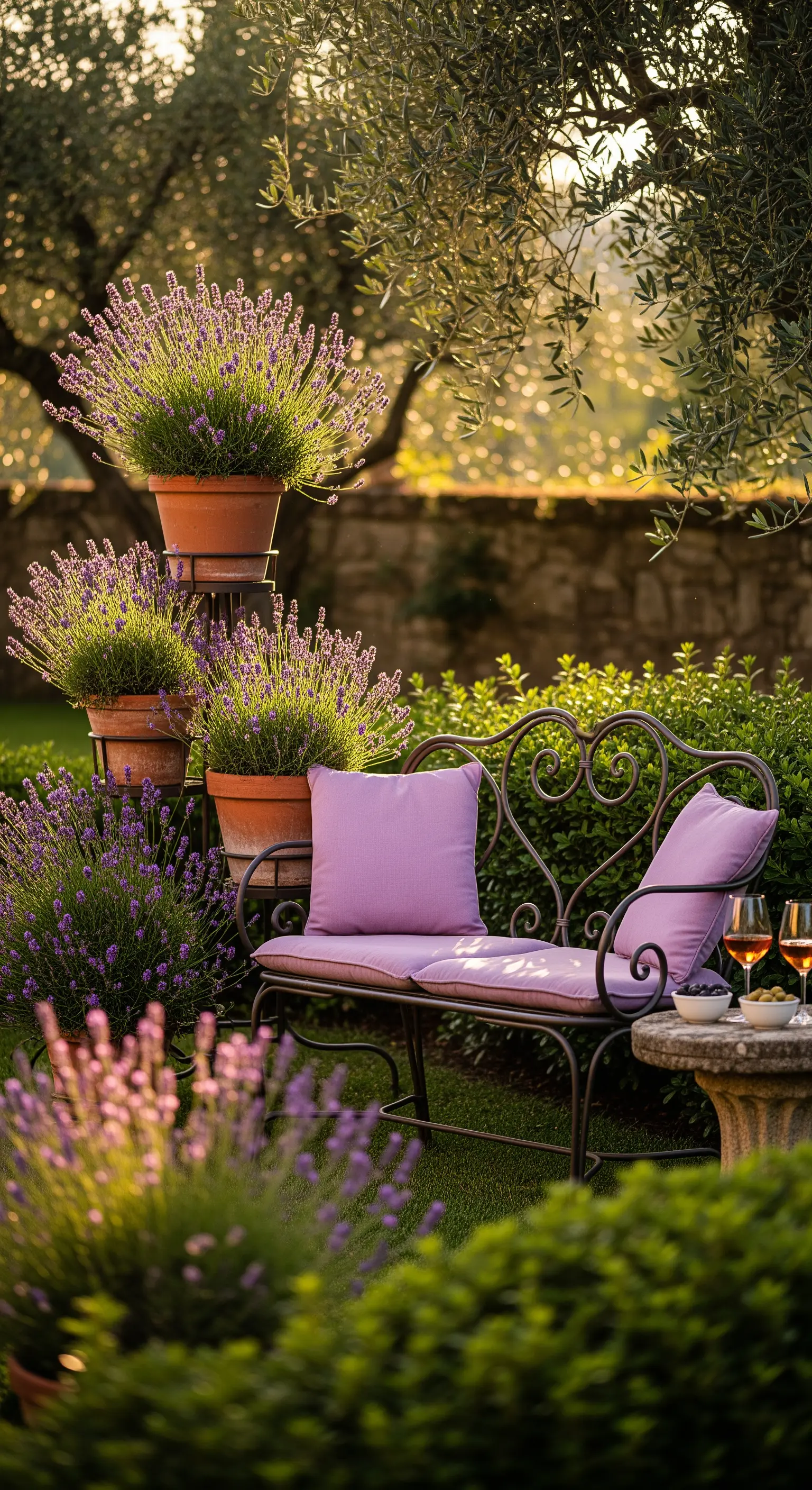 Schmiedeeiserne Bank mit lila Kissen in einem Lavendelgarten bei Sonnenuntergang