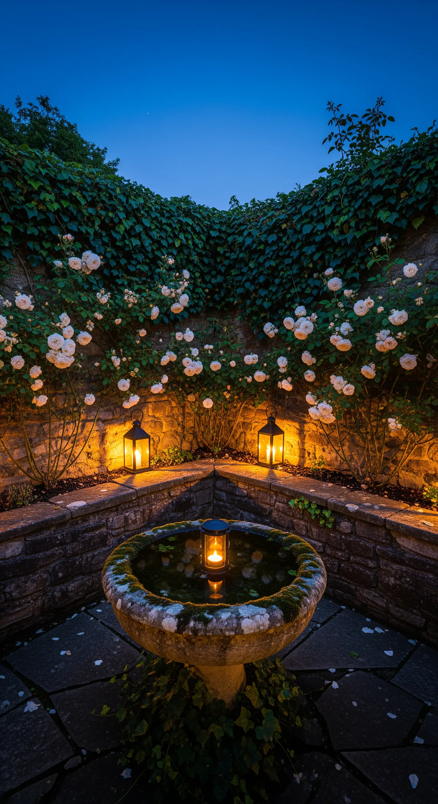 Moosbewachsene Steinvogeltränke mit schwimmender Kerze, umgeben von Laternen und Kletterrosen bei Nacht
