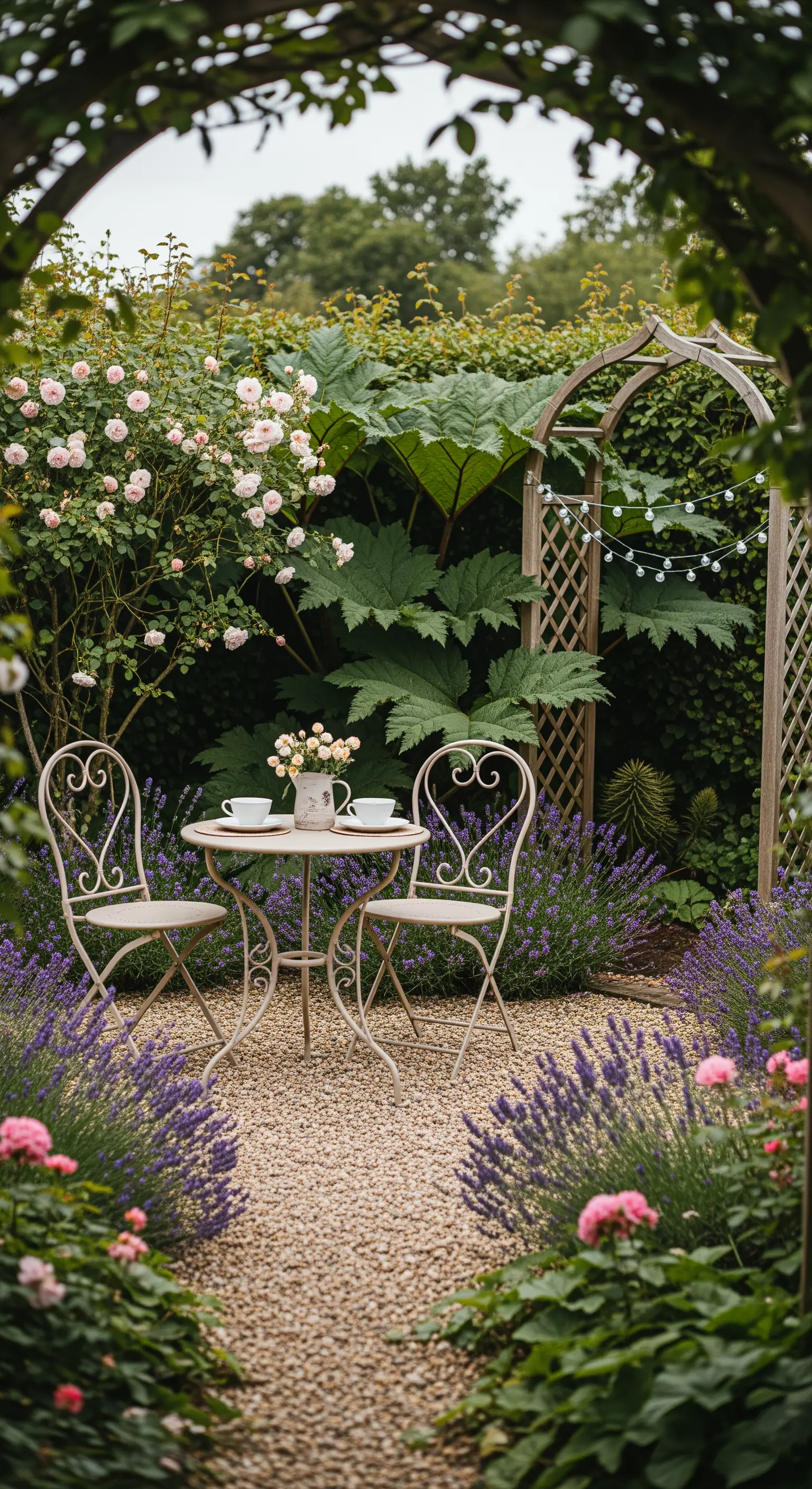 Kleine, romantische Sitzecke mit Metallmöbeln, umgeben von Rosen und Lavendel in einem englischen Garten.