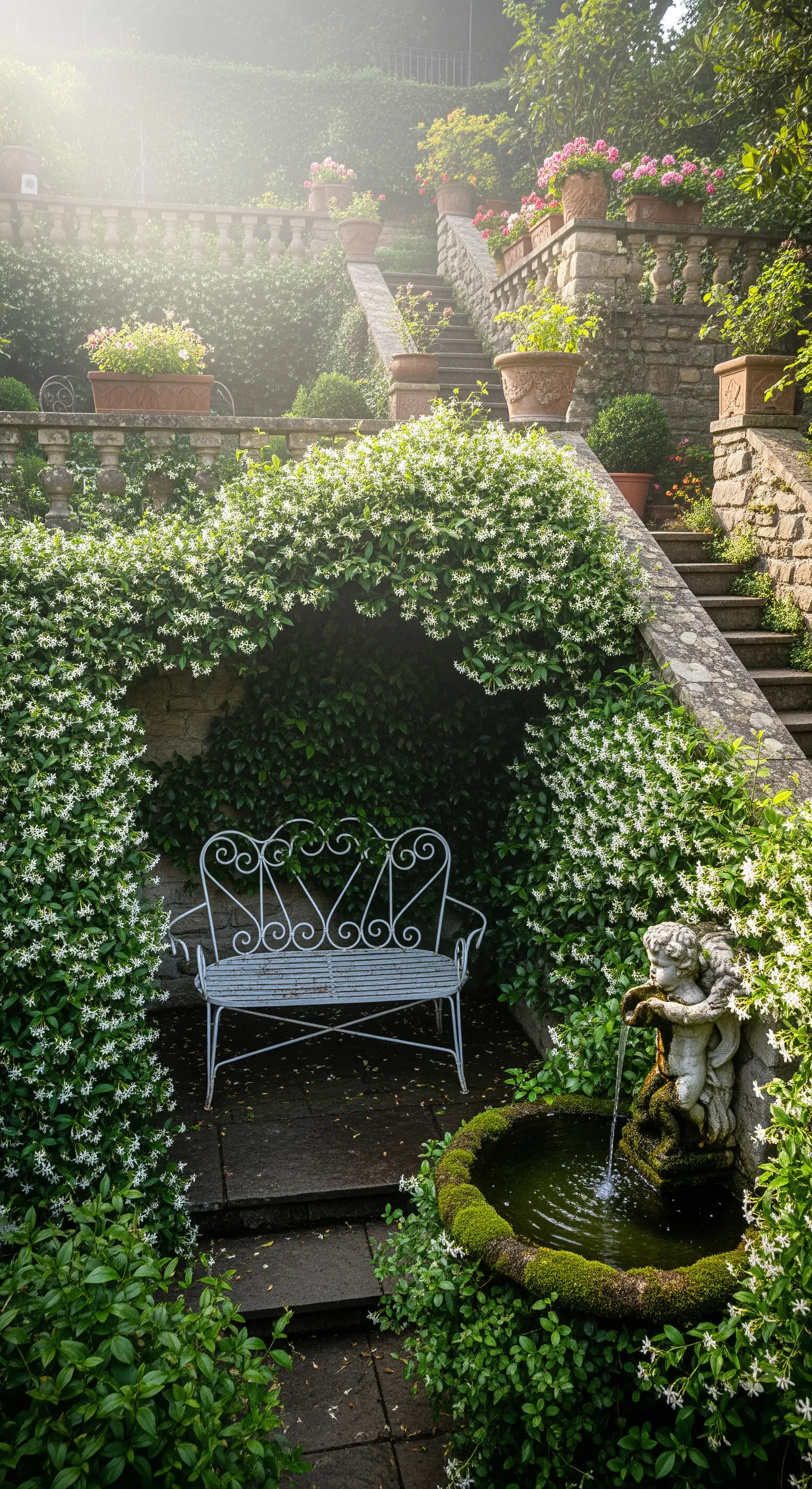 Weiße Schmiedeeisenbank in jasminbewachsener Steinnische mit Cherub-Brunnen