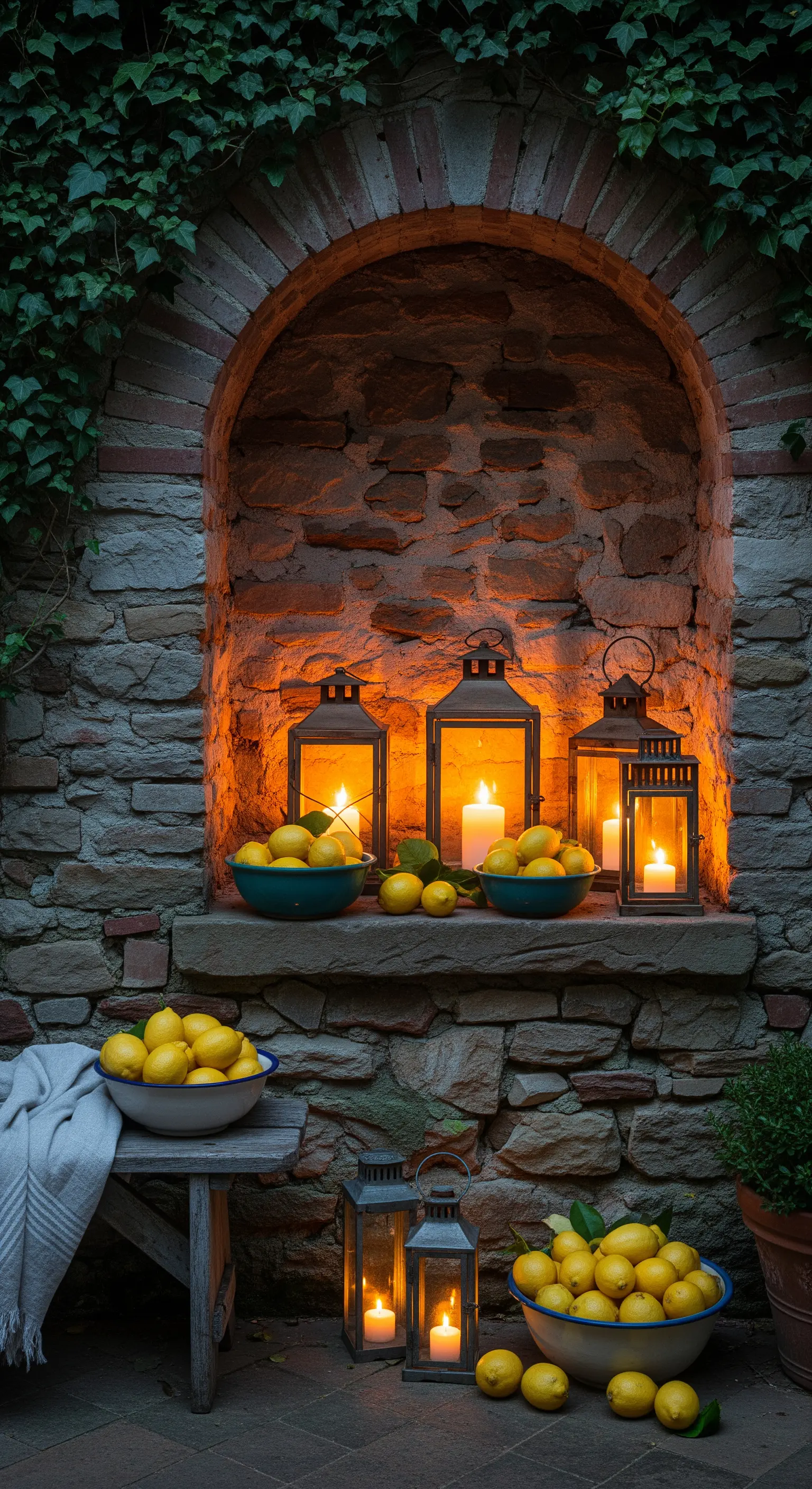 Beleuchtete Mauernische mit Laternen, Kerzen und Zitronenschalen, umgeben von Efeu