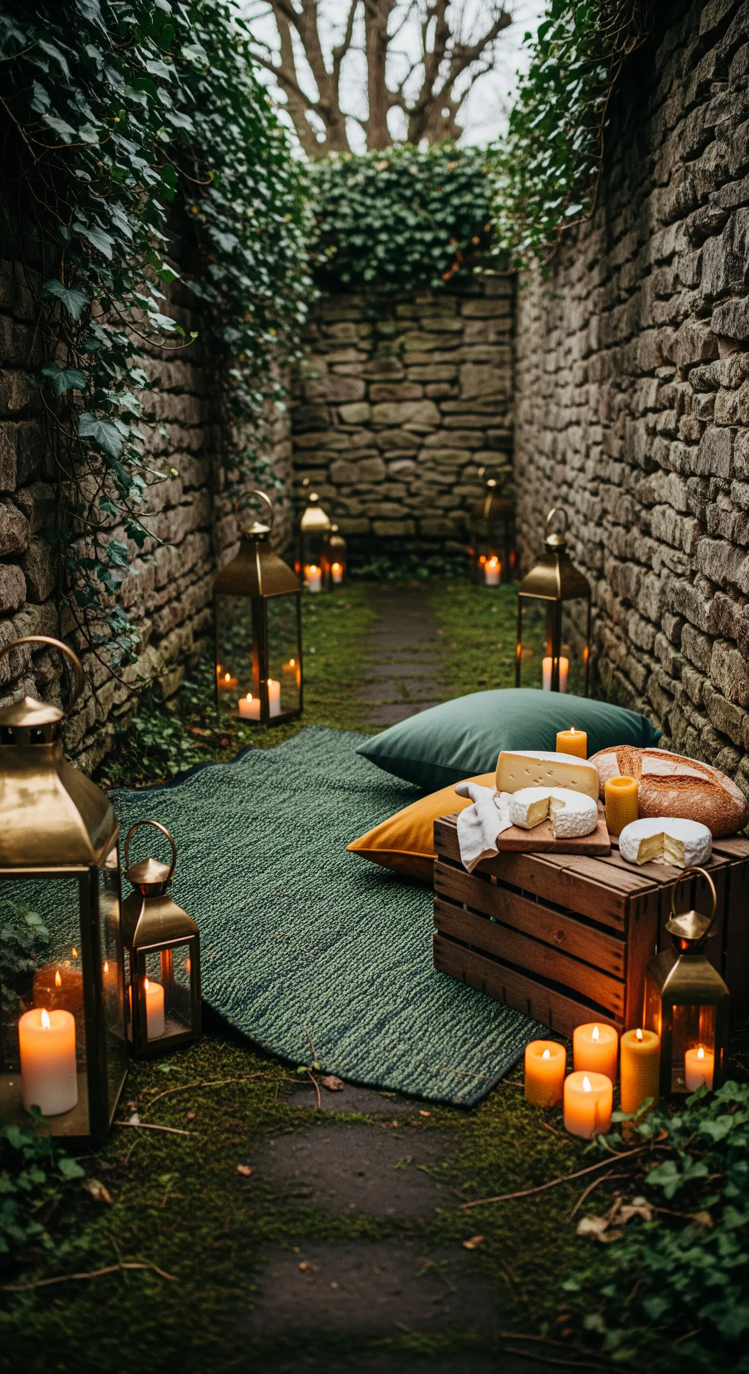 Steinpfad mit Laternen, Kerzen, Teppich und Kissen für intimen Abend im Garten.