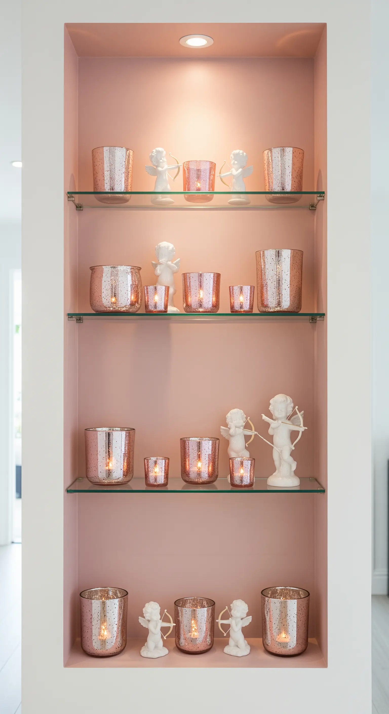 Beleuchtete Nische mit rosa Hintergrund, Glasregalen und Amor-Figuren.