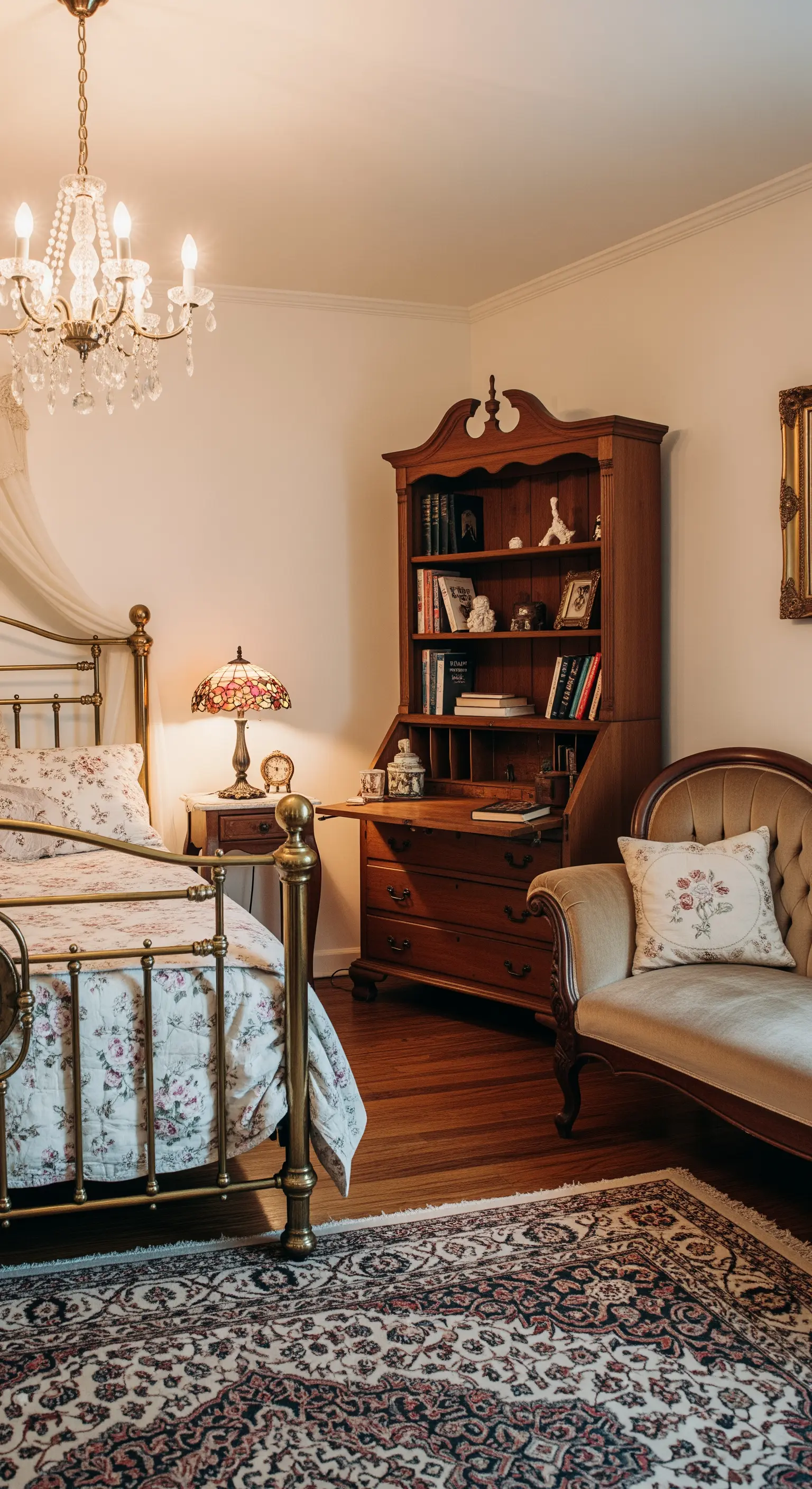 Vintage-Schlafzimmer mit antiken Möbeln, Sekretär als Bücherregal und floralen Mustern.