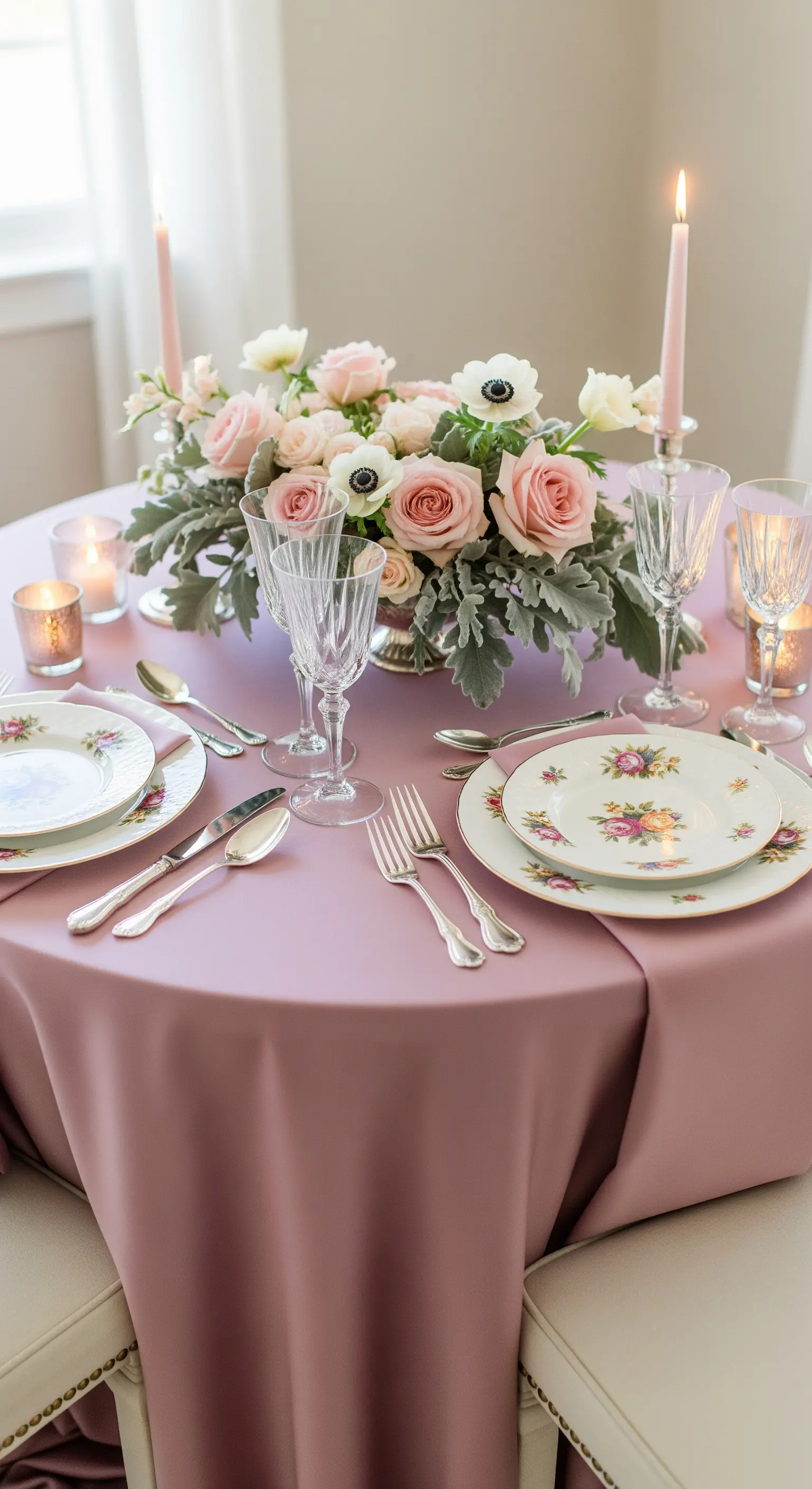 Romantische Tischdeko mit rosa Rosen, Anemonen und silbernem Laub in einer Schale