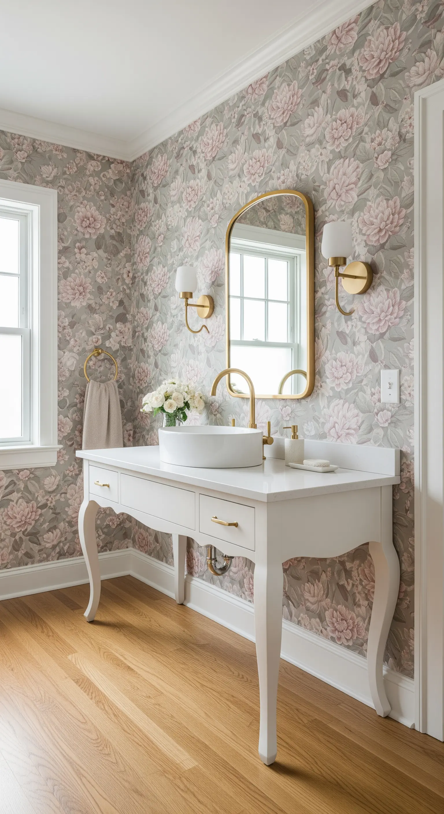 Romantisches Badezimmer mit floraler Tapete und Waschtisch mit geschwungenen Beinen.