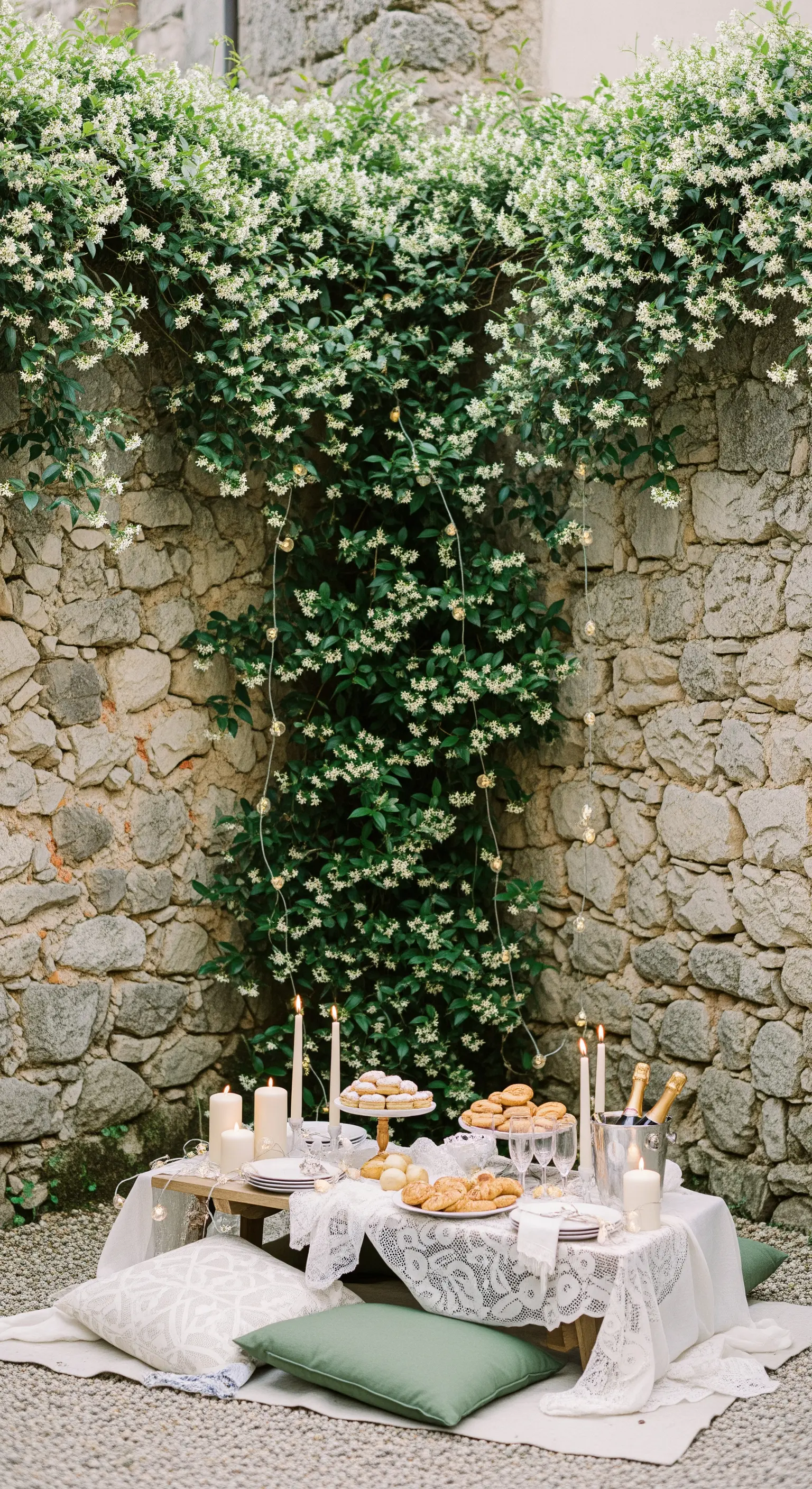Romantisches Picknick vor bewachsener Steinmauer mit Kerzen und Gebäck