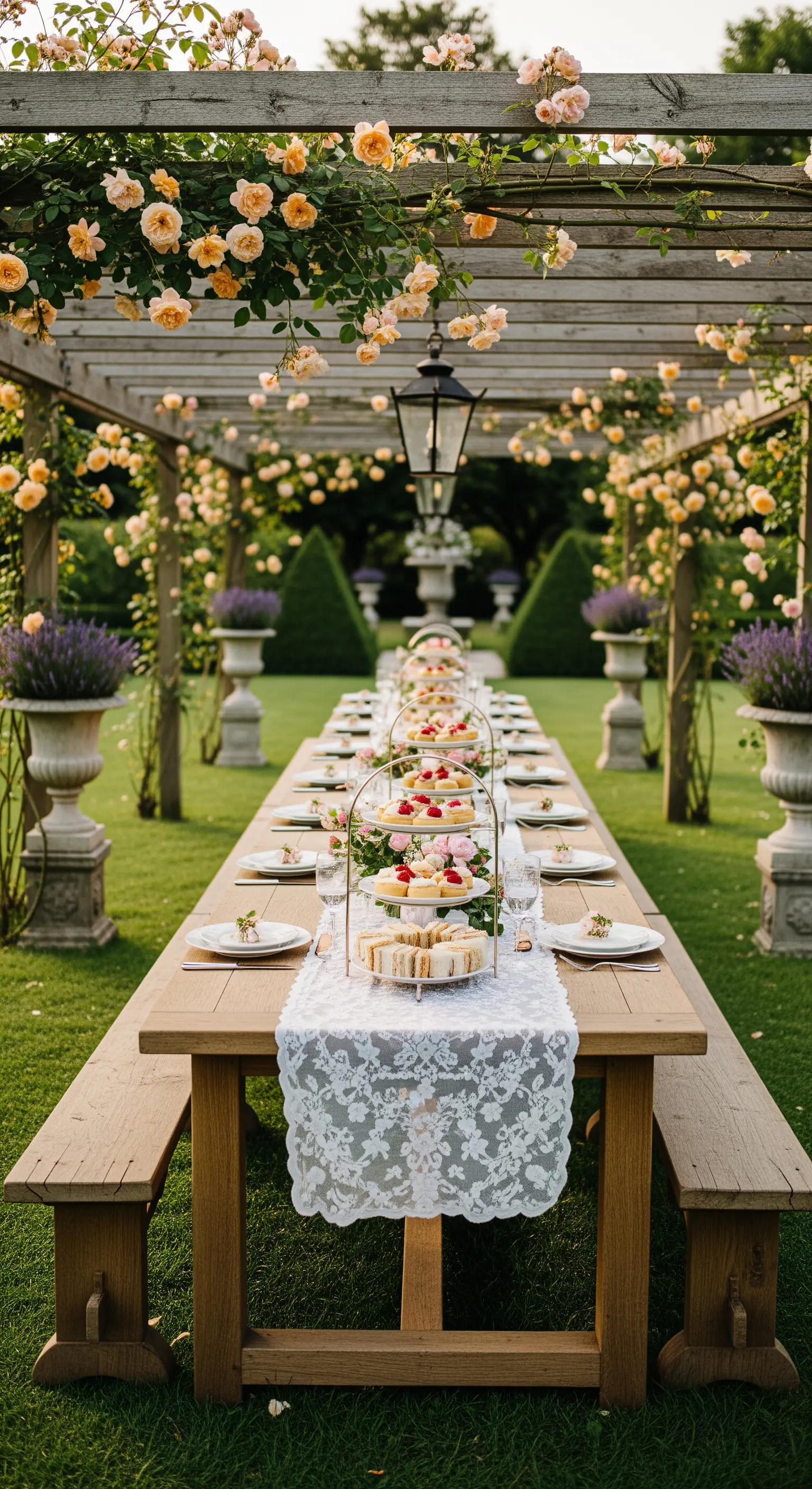 Lange Holztisch-Deko unter Rosenpergola mit Etageren und Spitzenläufer