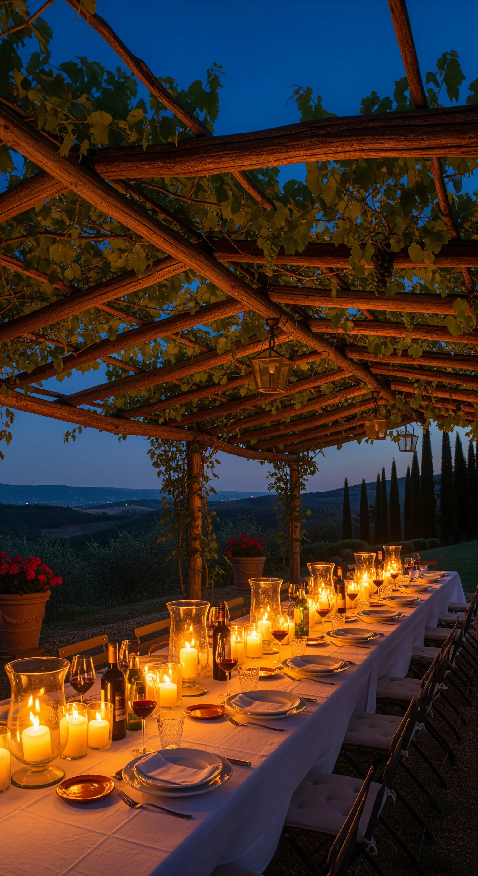 Abendessen unter Weinreben-Pergola, Kerzenschein, italienische Landschaft