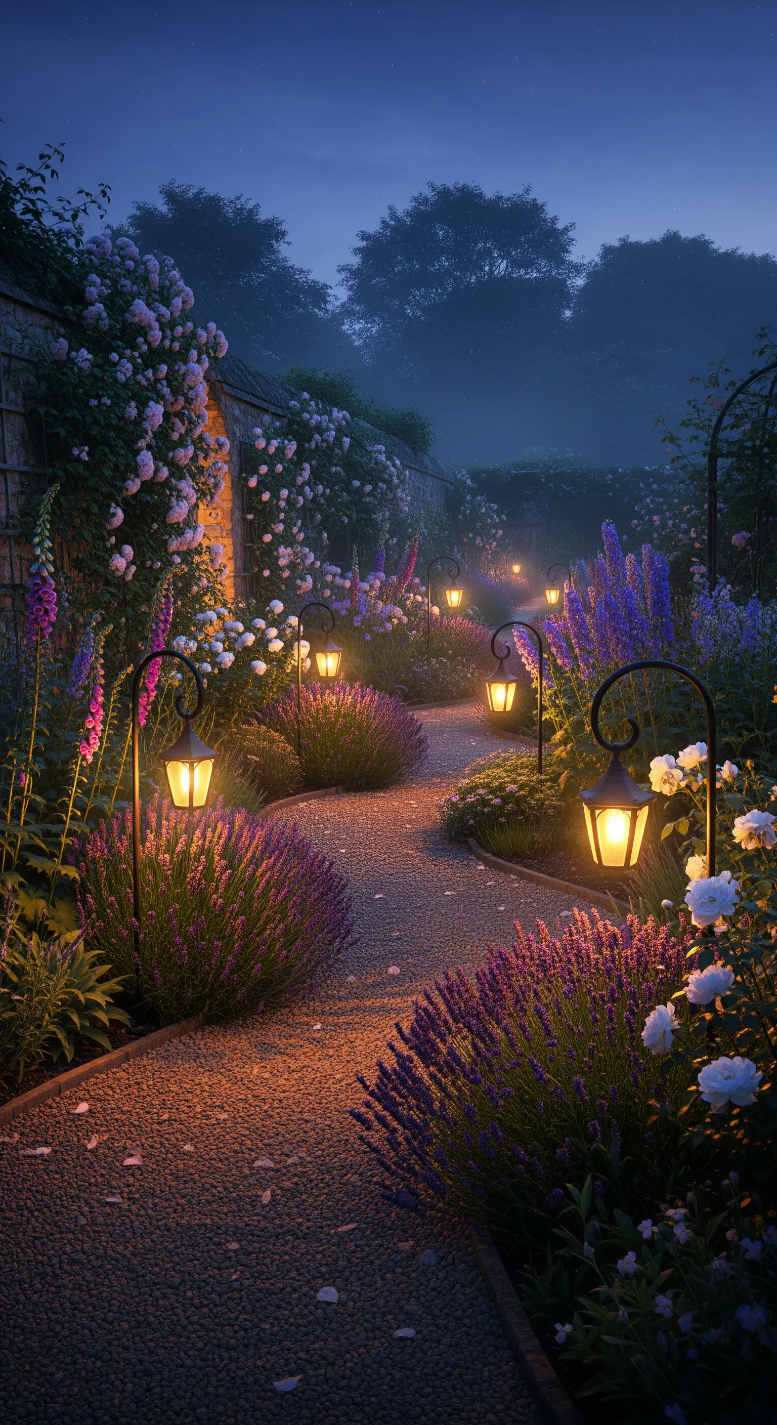 Gartenweg mit antiken Laternen, Lavendel und Rosen im Abendlicht.