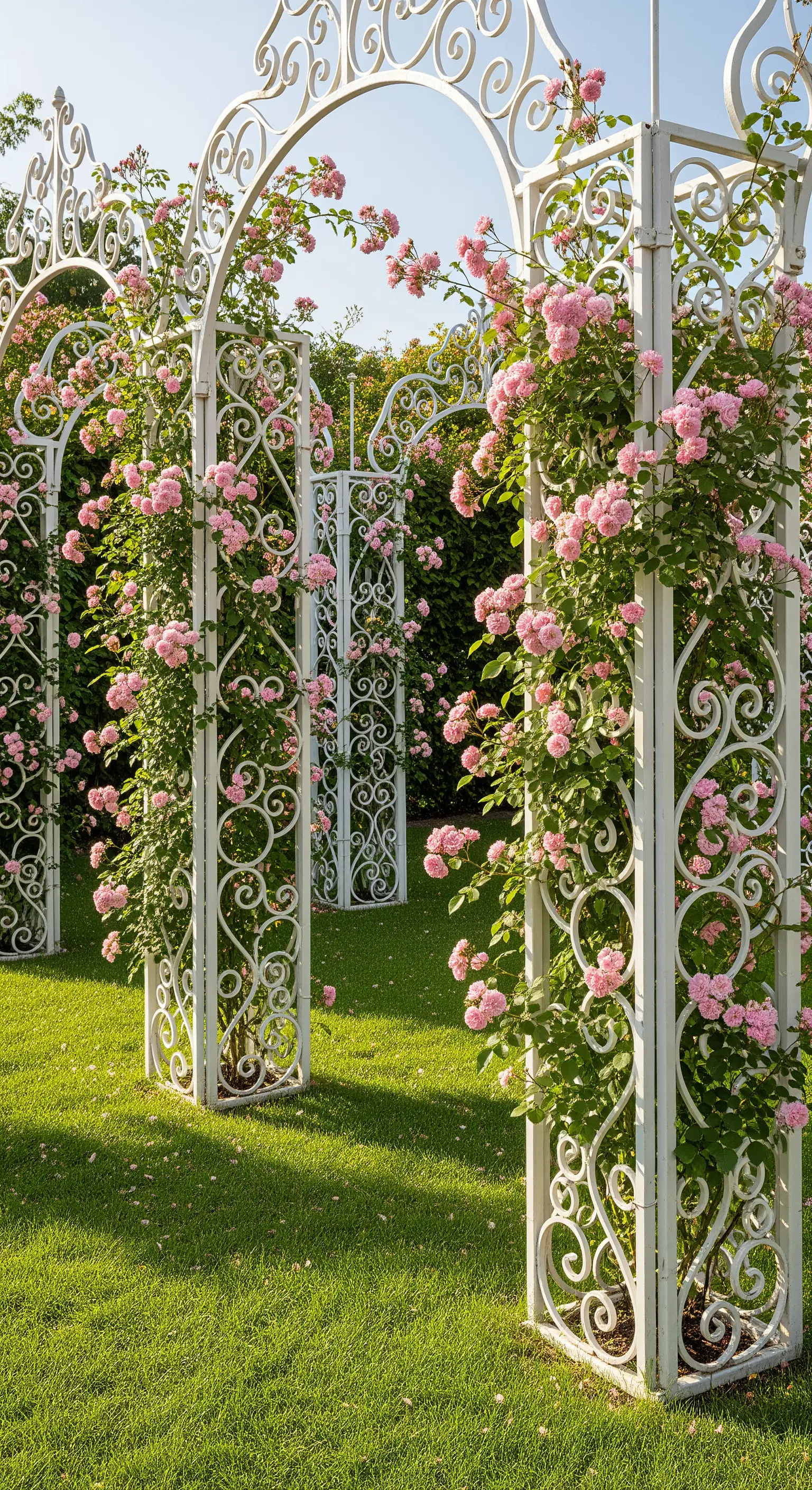 Weiße Metall-Pergolen mit zartrosa Kletterrosen in einer Gartenallee