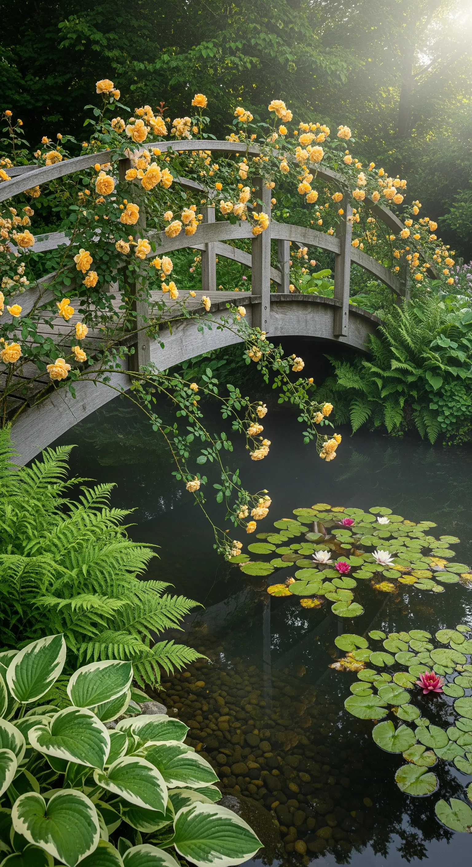 Holzbrücke, Kletterrosen, Teich, Seerosen, Gartenbrücke
