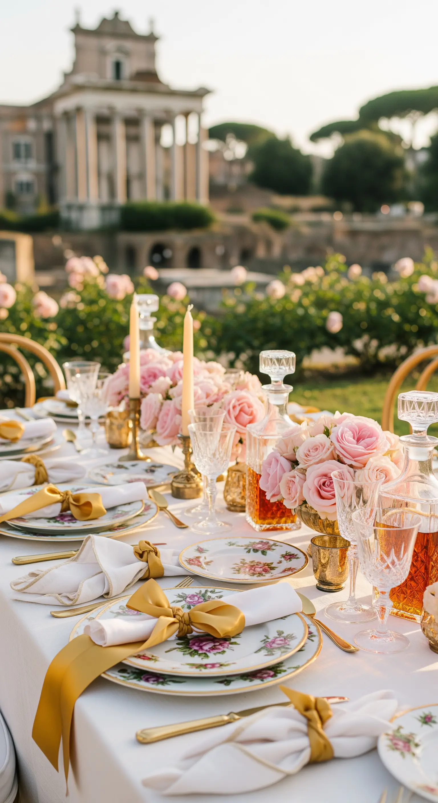 Tisch mit pinken Rosen, Gold-Porzellan, goldenen Bändern und Dekantern im Rosengarten
