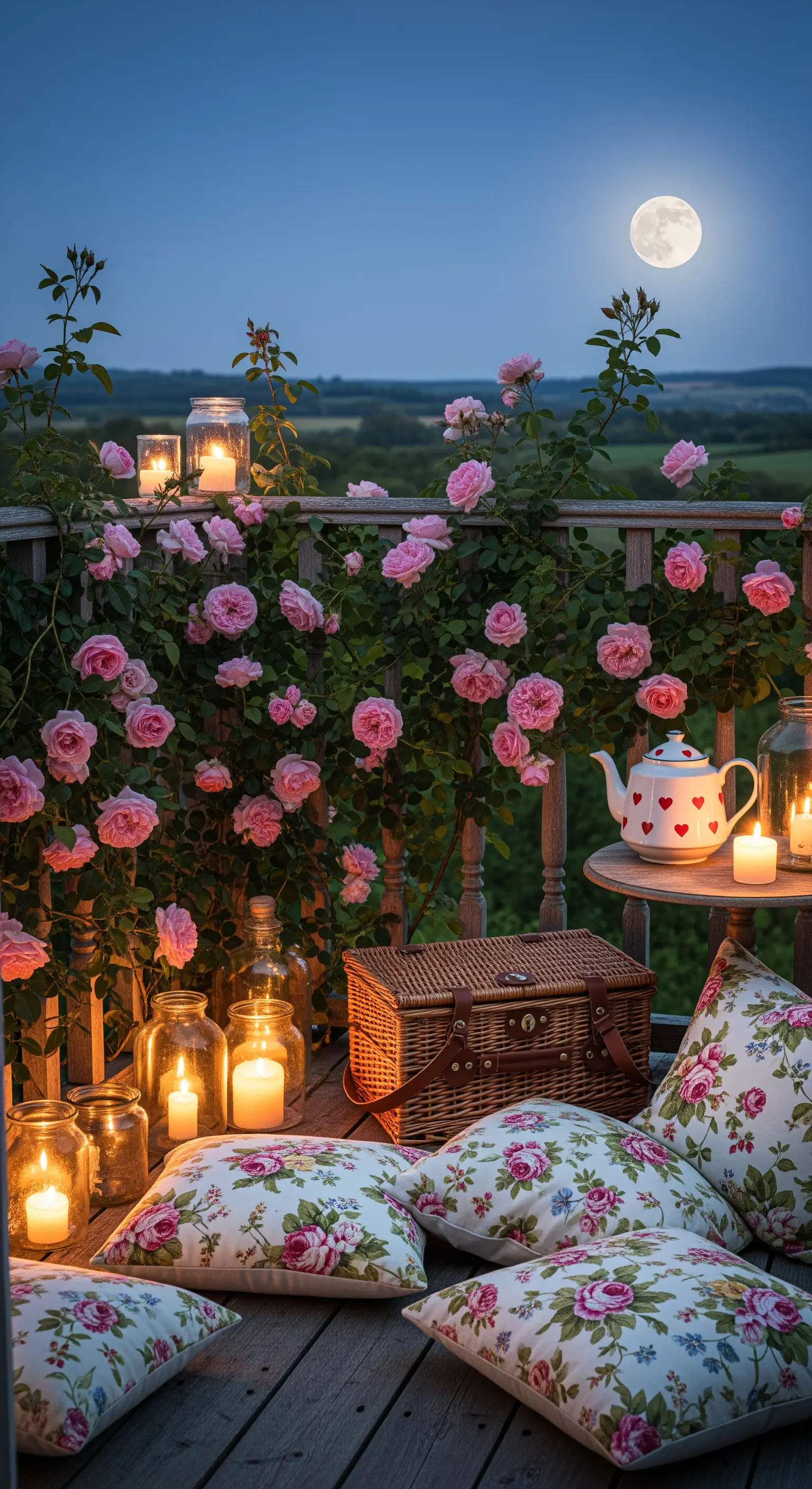 Balkon mit Rosenranken, floralen Kissen, vielen Kerzen und einer Teekanne im Mondlicht.