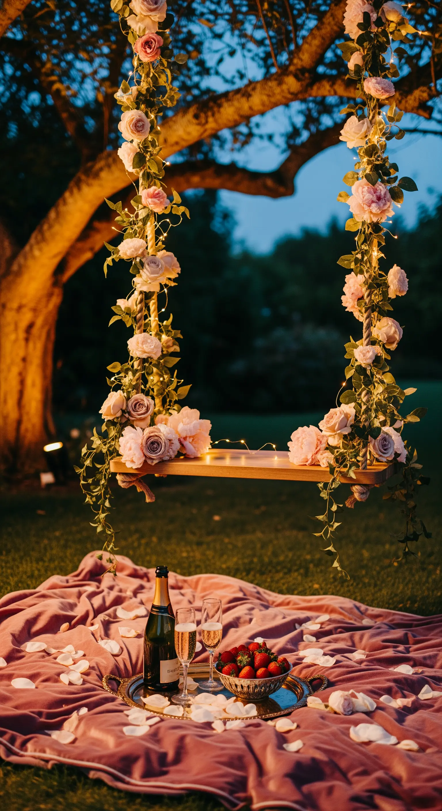 Romantische Rosenschaukel mit Lichterketten, Champagner und Erdbeeren auf Samtdecke