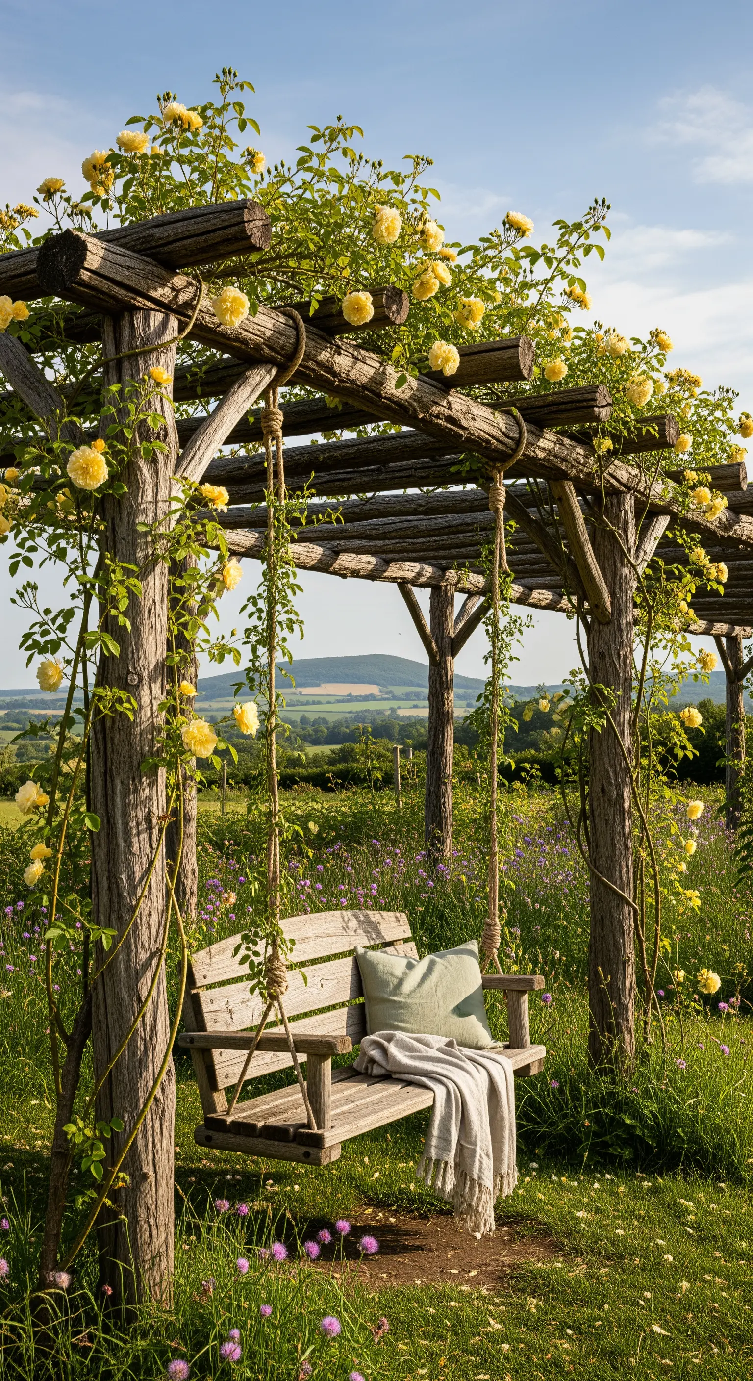 Rustikale Holzpergola mit gelben Kletterrosen und einer Holzschaukel auf einer Wildblumenwiese