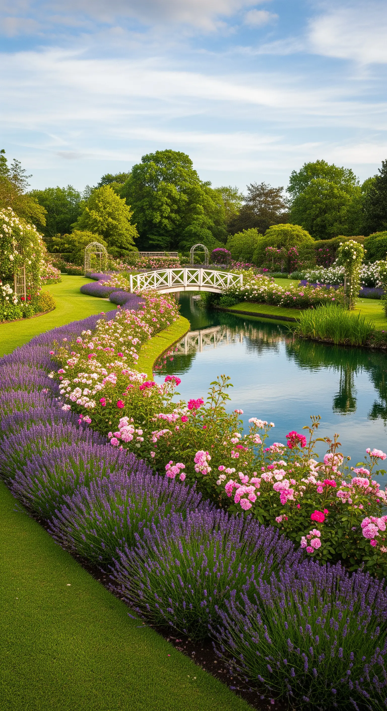 Gartensee mit Ufern aus Lavendel und weißen, pinken Rosen, überbrückt von einer weißen Brücke
