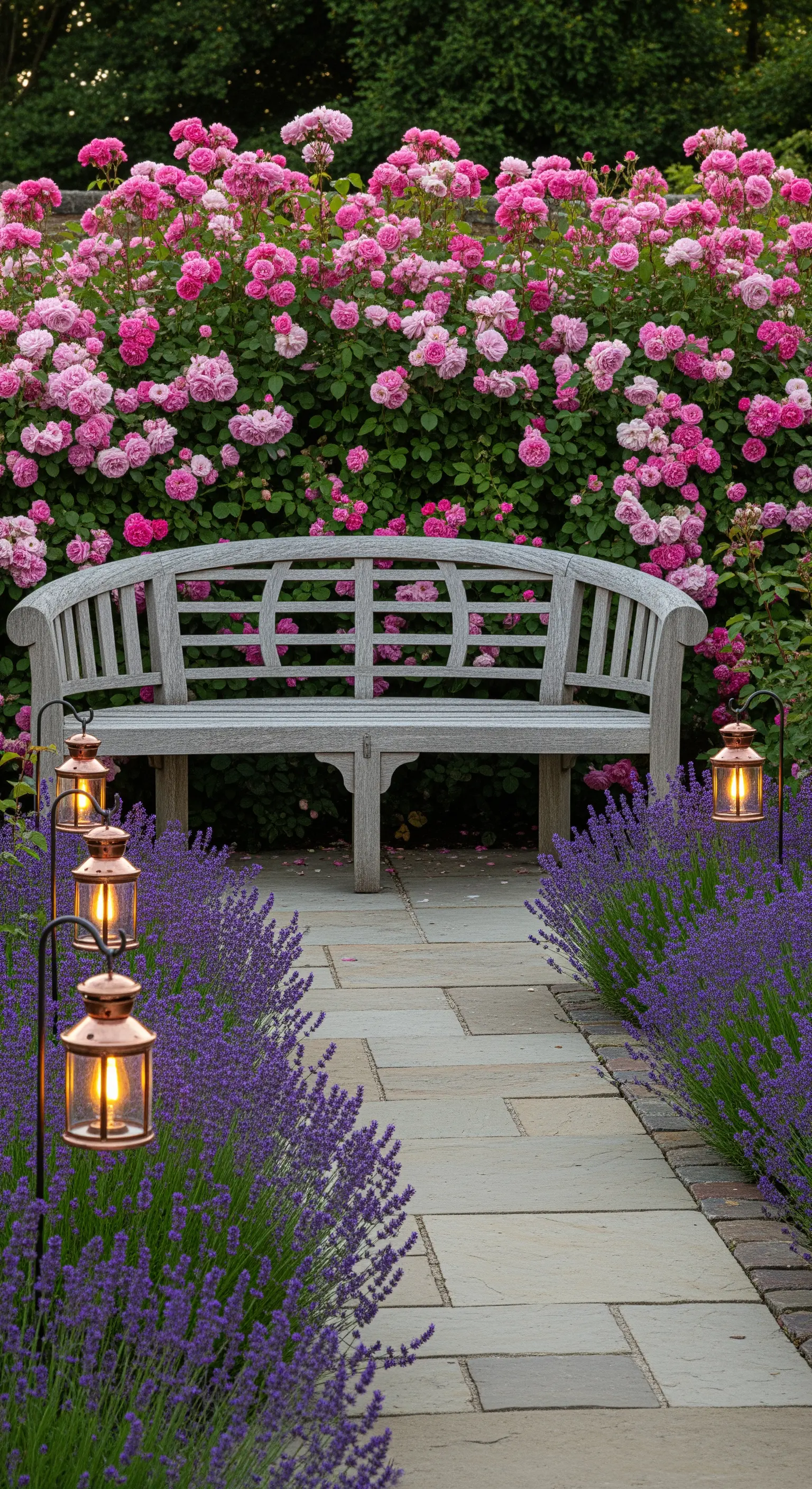 Holzbank vor pinker Rosenhecke mit Lavendel und Kupferlaternen am Pfad