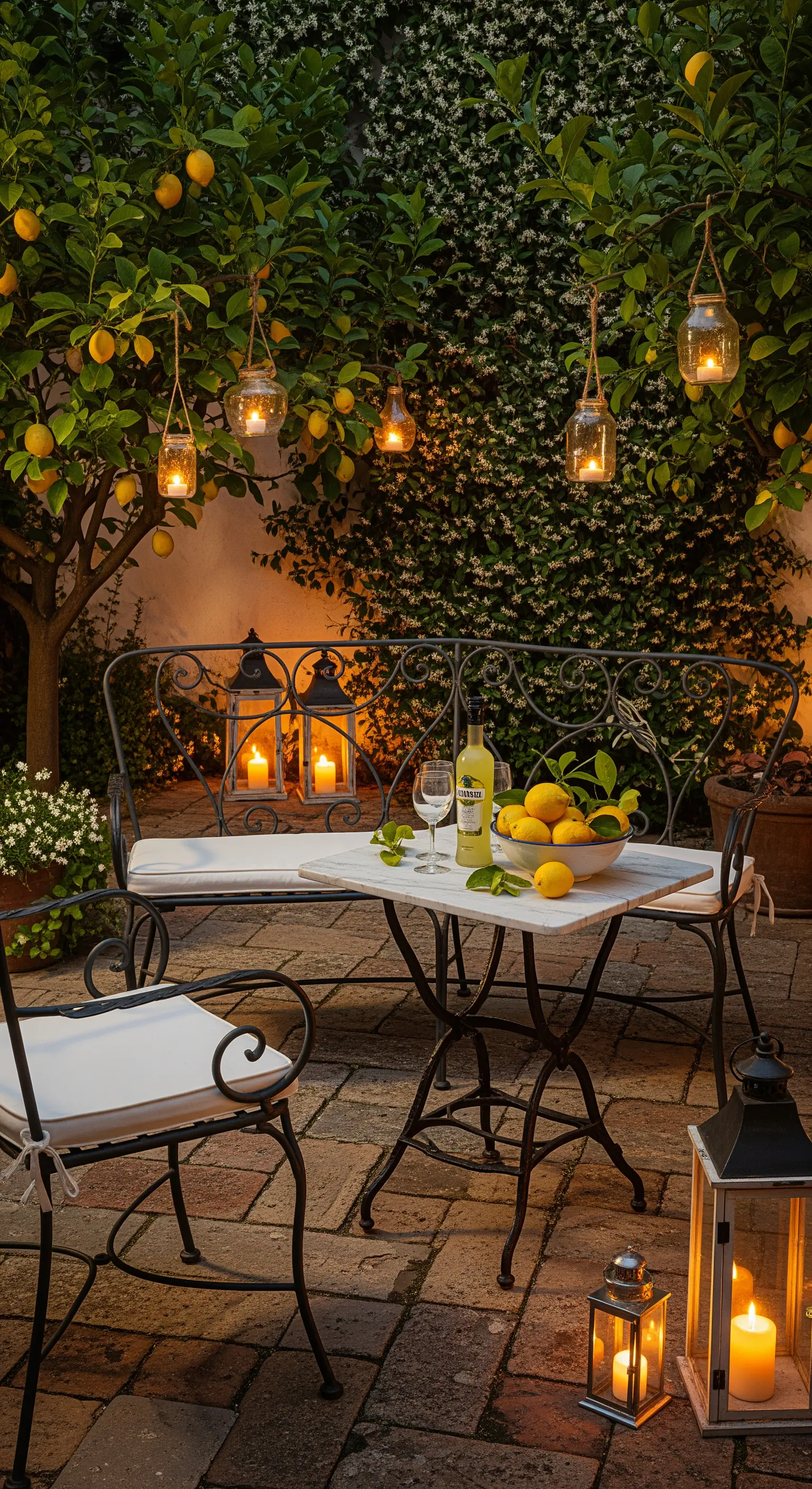 Romantische Gartensitzgelegenheit mit Zitronenbäumen, Laternen und warmem Licht