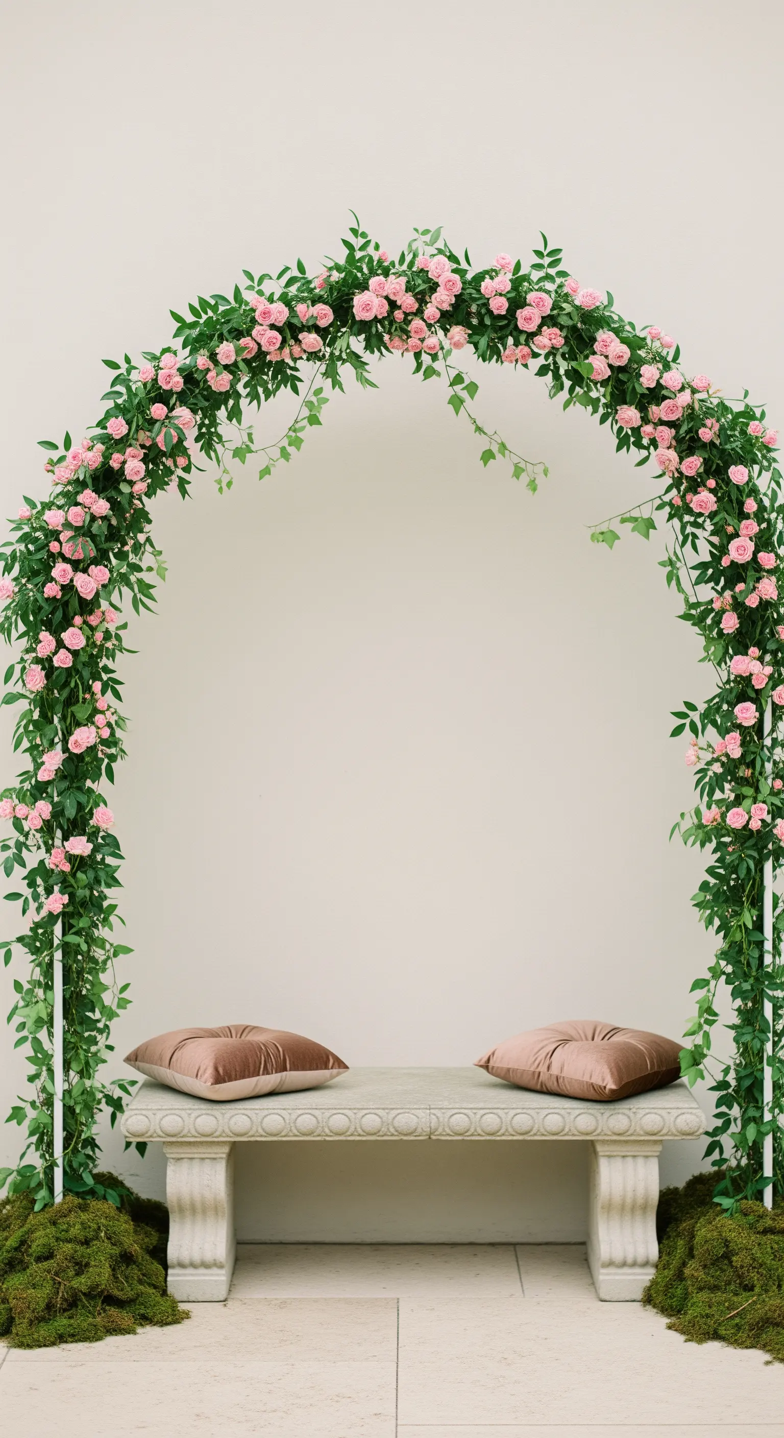 Zarter weißer Rosenbogen mit hellrosa Kletterrosen über einer Steinbank mit braunen Kissen und Moos am Fuß.