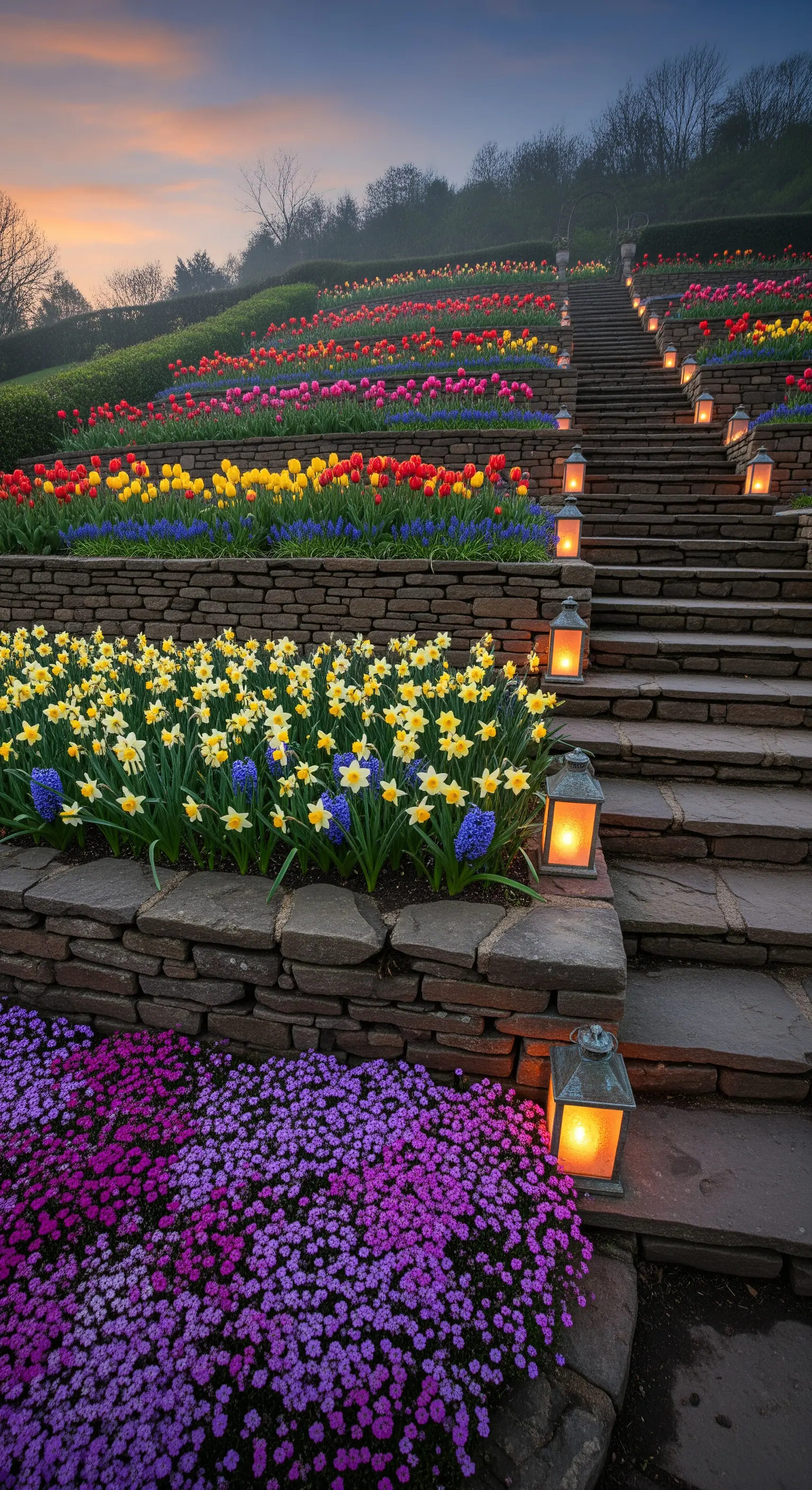 Gartenstufen mit Laternen und Frühlingsblumen bei Sonnenuntergang