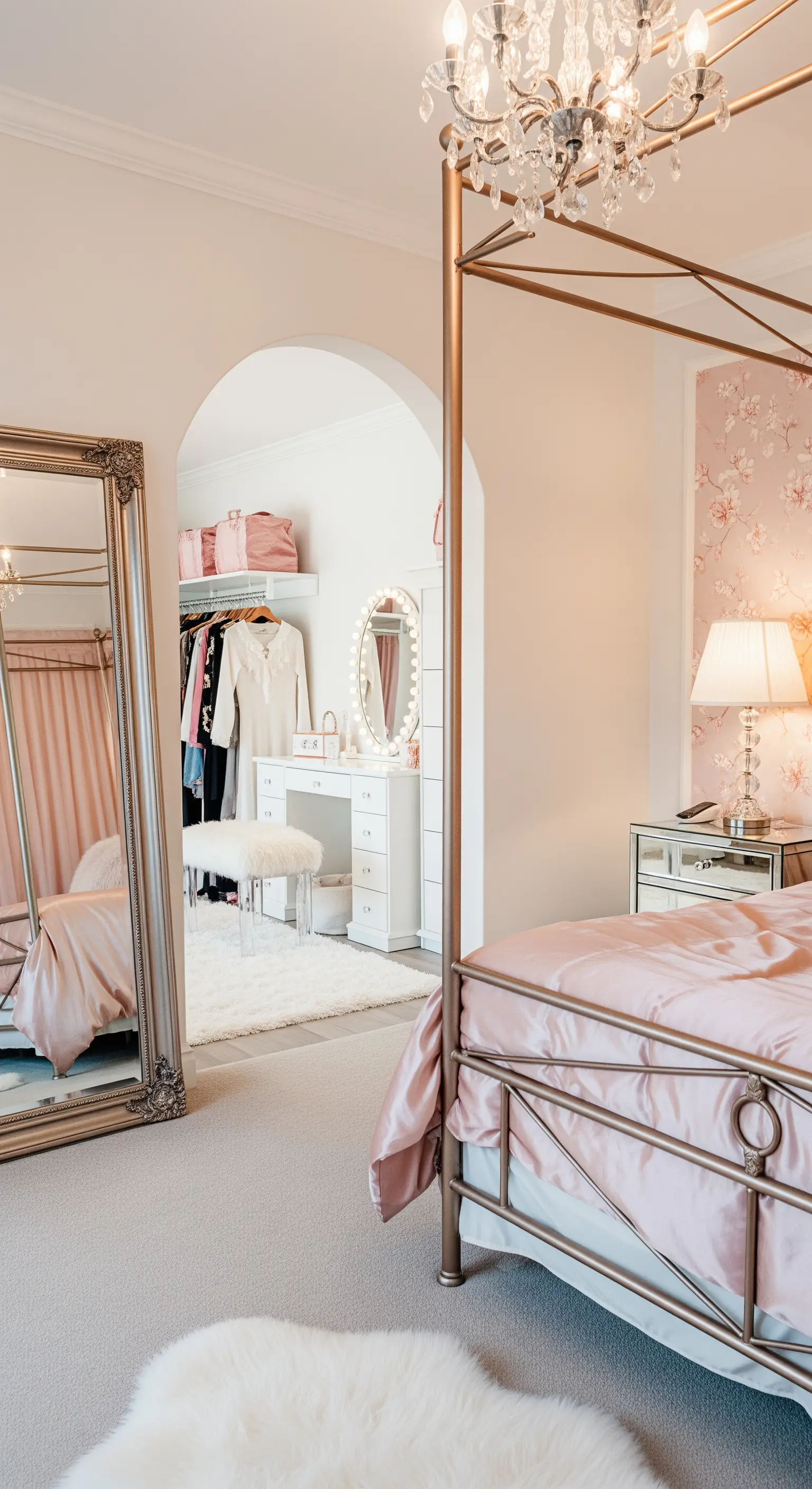 Romantisches Schlafzimmer in Rosé mit Himmelbett und Durchgang zum Ankleidezimmer mit Schminktisch